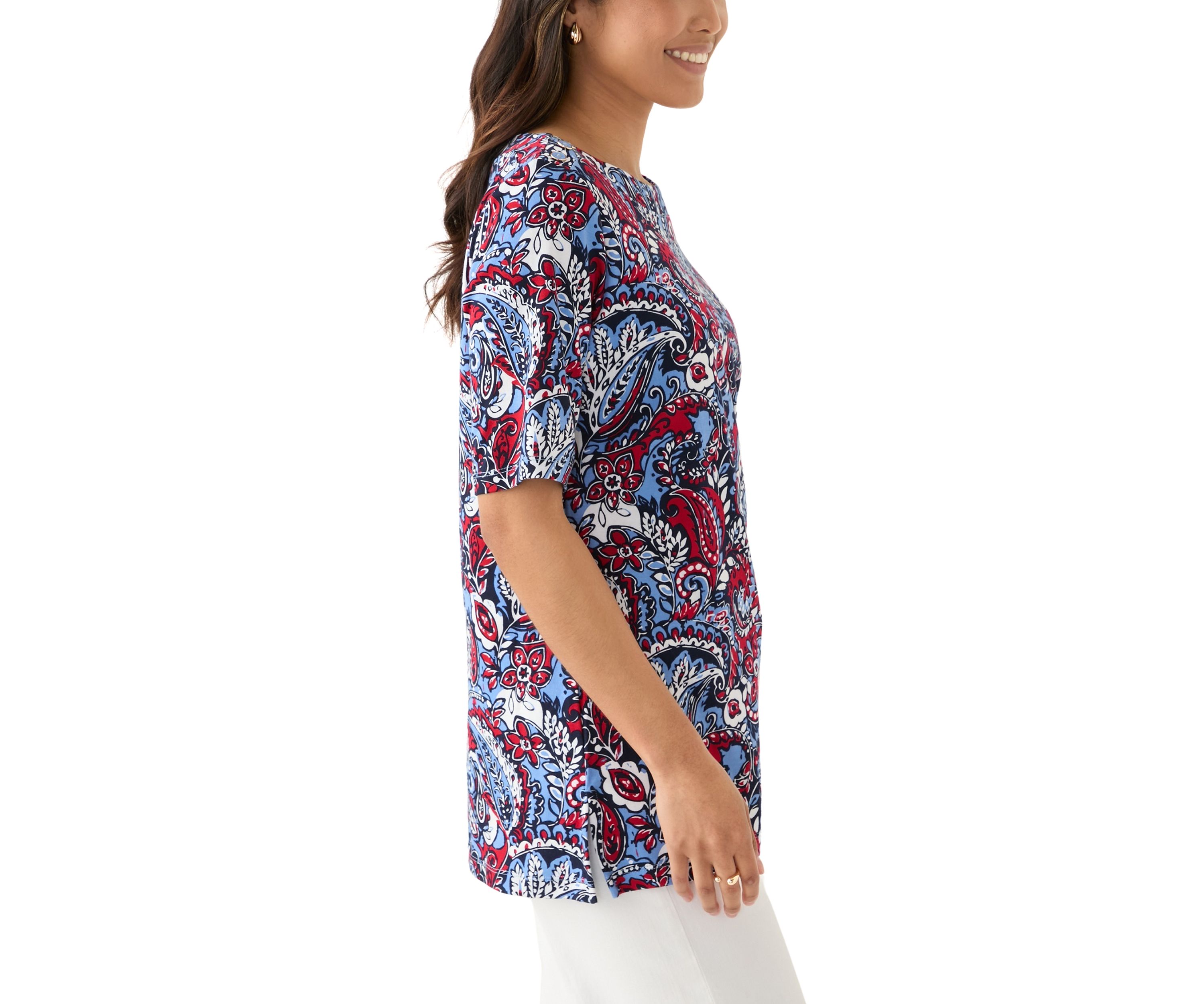 Womens Elbow Sleeve Button Trim Printed Tunic Top