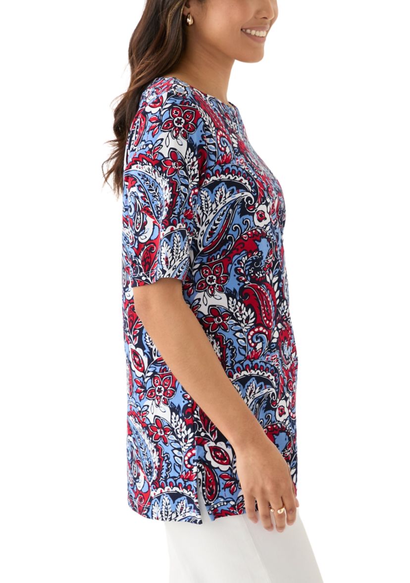 Womens Elbow Sleeve Button Trim Printed Tunic Top