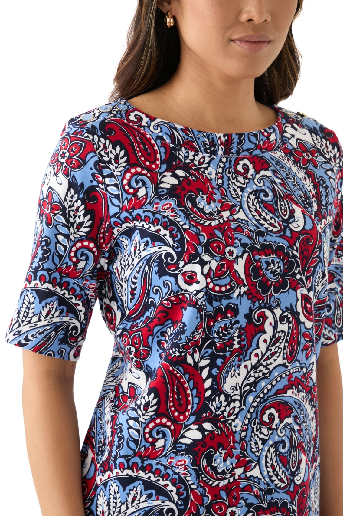 Womens Elbow Sleeve Button Trim Printed Tunic Top