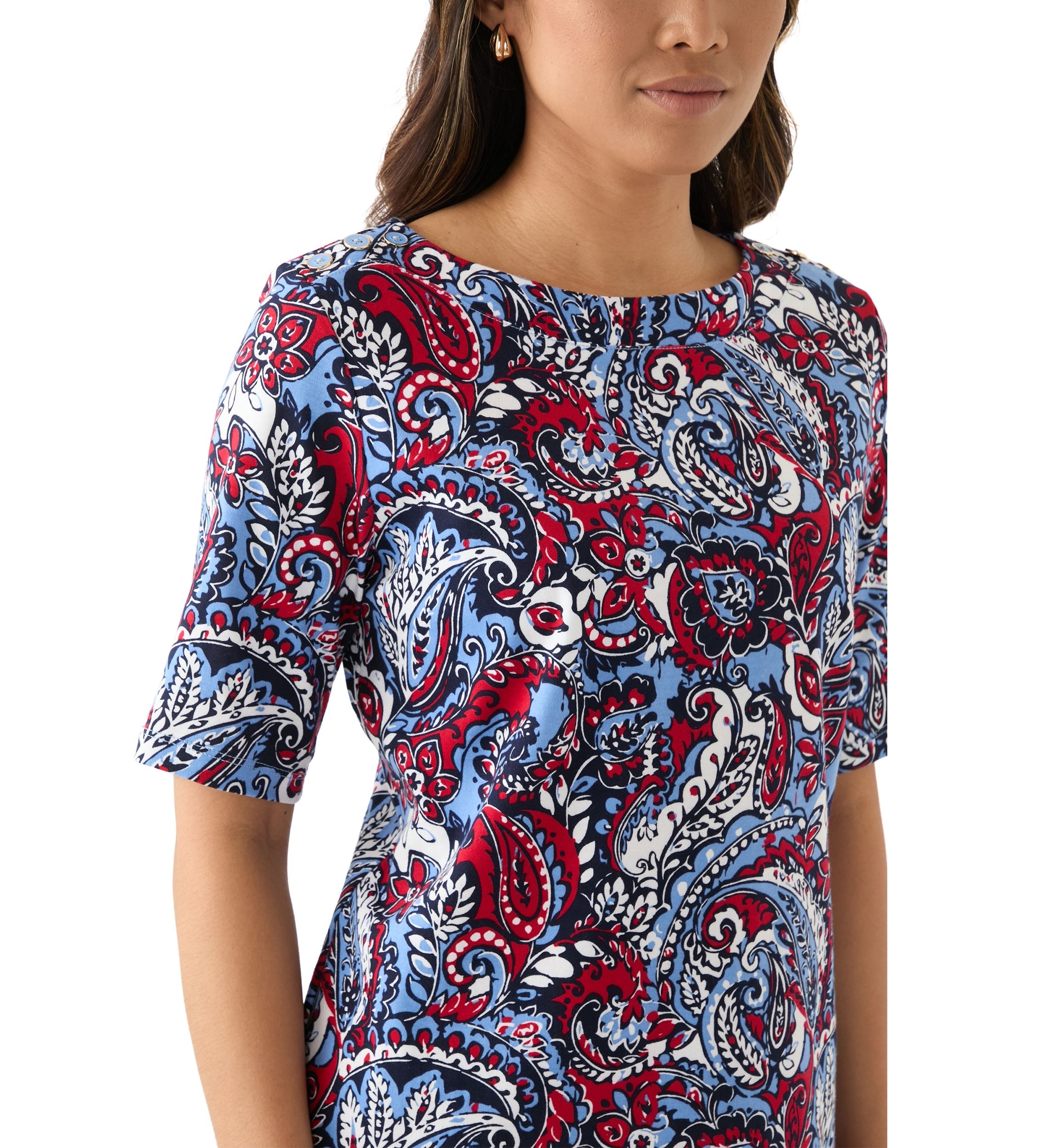 Womens Elbow Sleeve Button Trim Printed Tunic Top