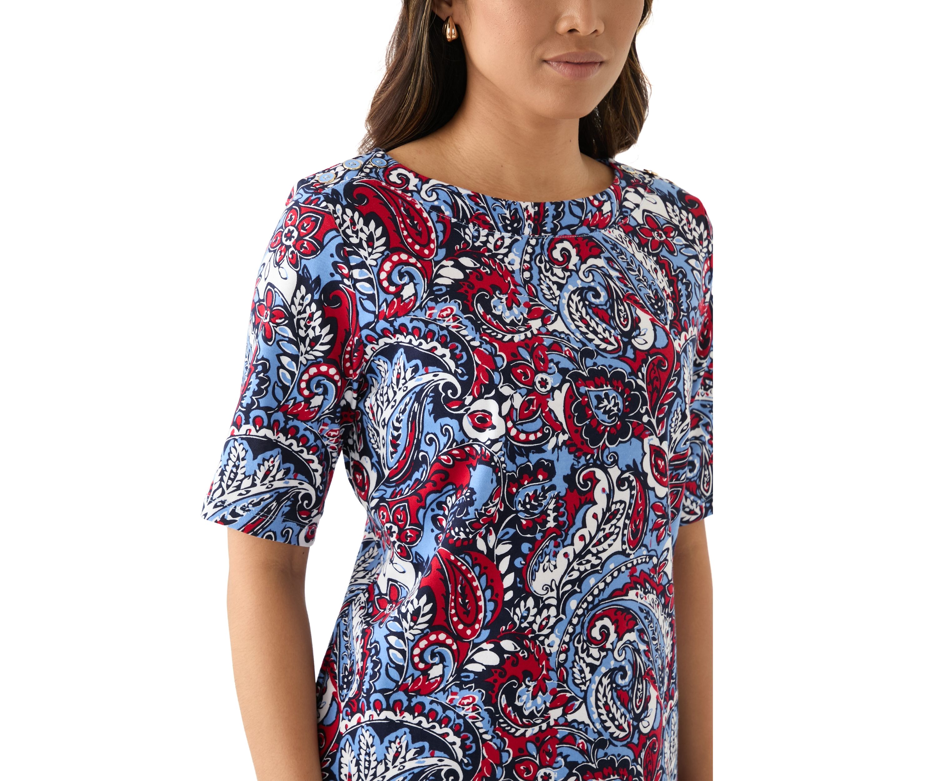 Womens Elbow Sleeve Button Trim Printed Tunic Top