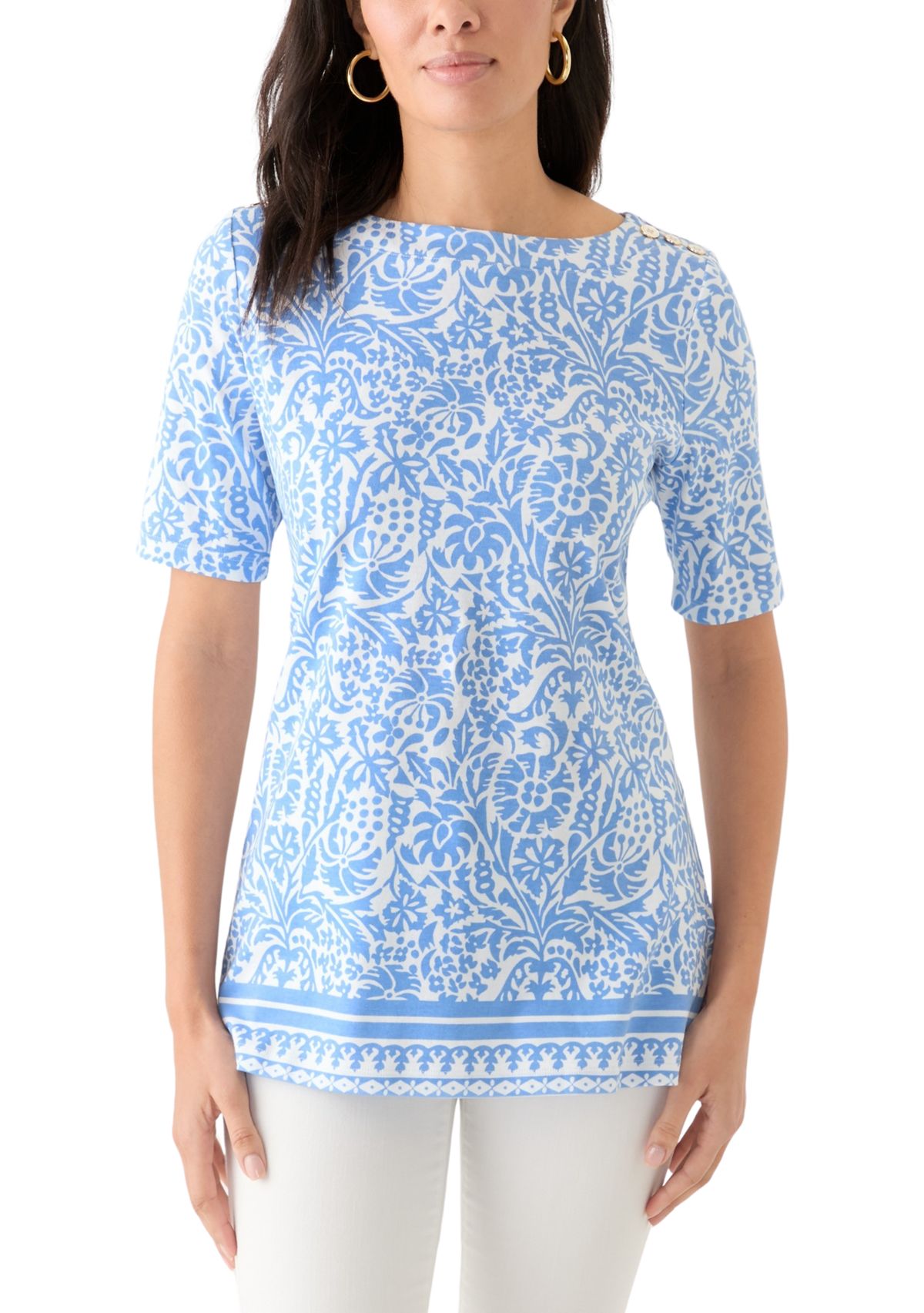 Womens Elbow Sleeve Button Trim Tunic 