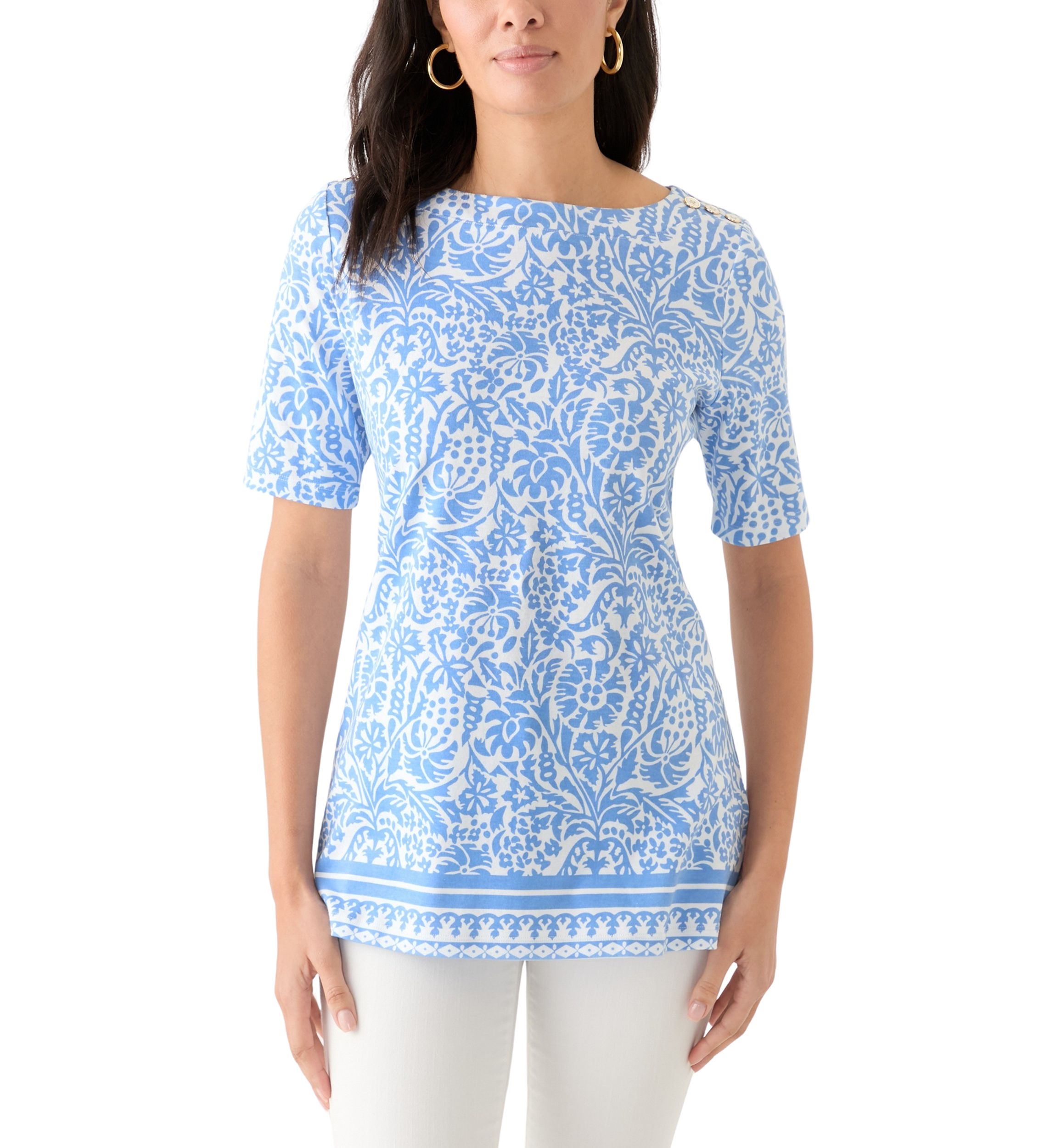 Womens Elbow Sleeve Button Trim Tunic 