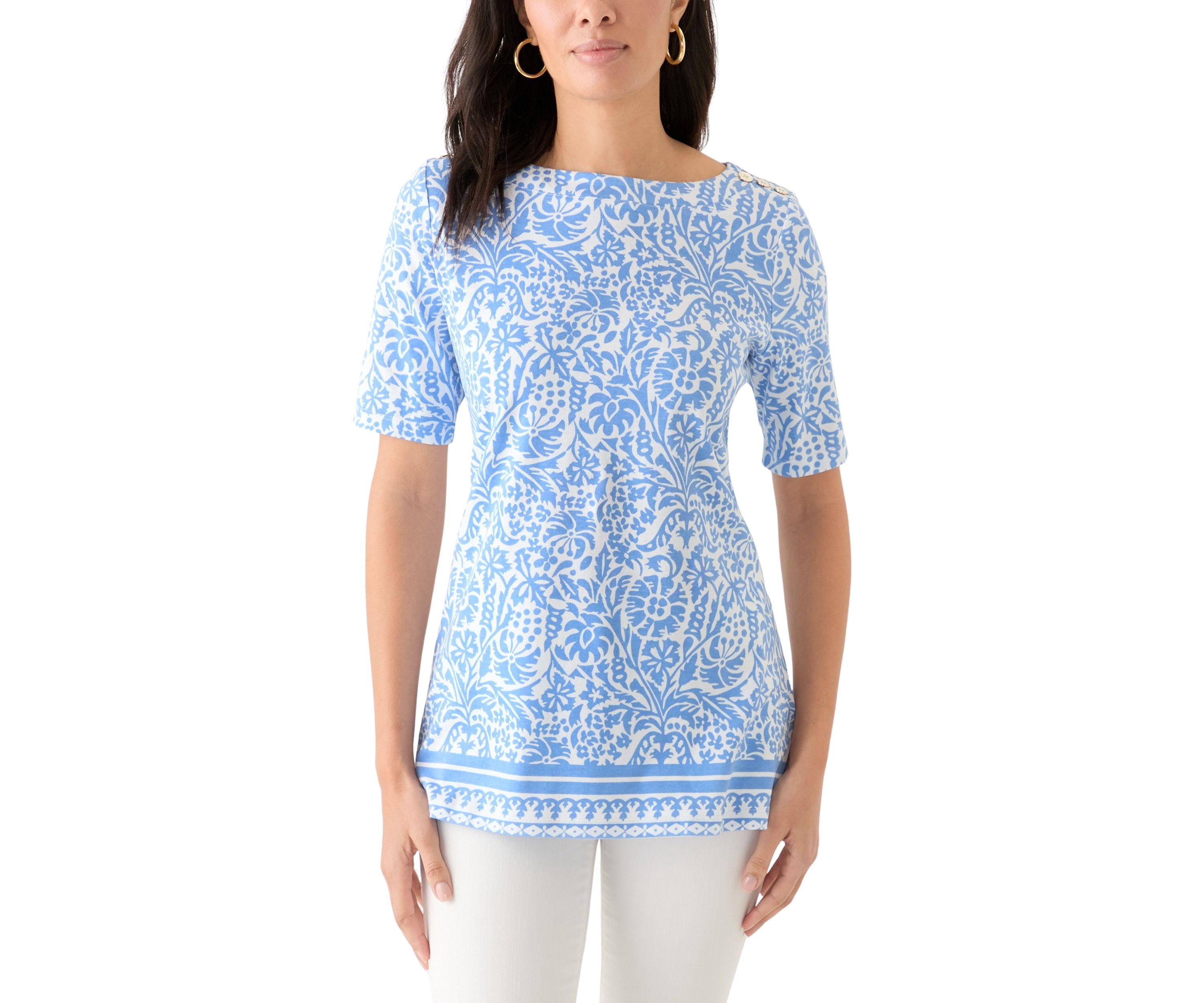Womens Elbow Sleeve Button Trim Tunic 