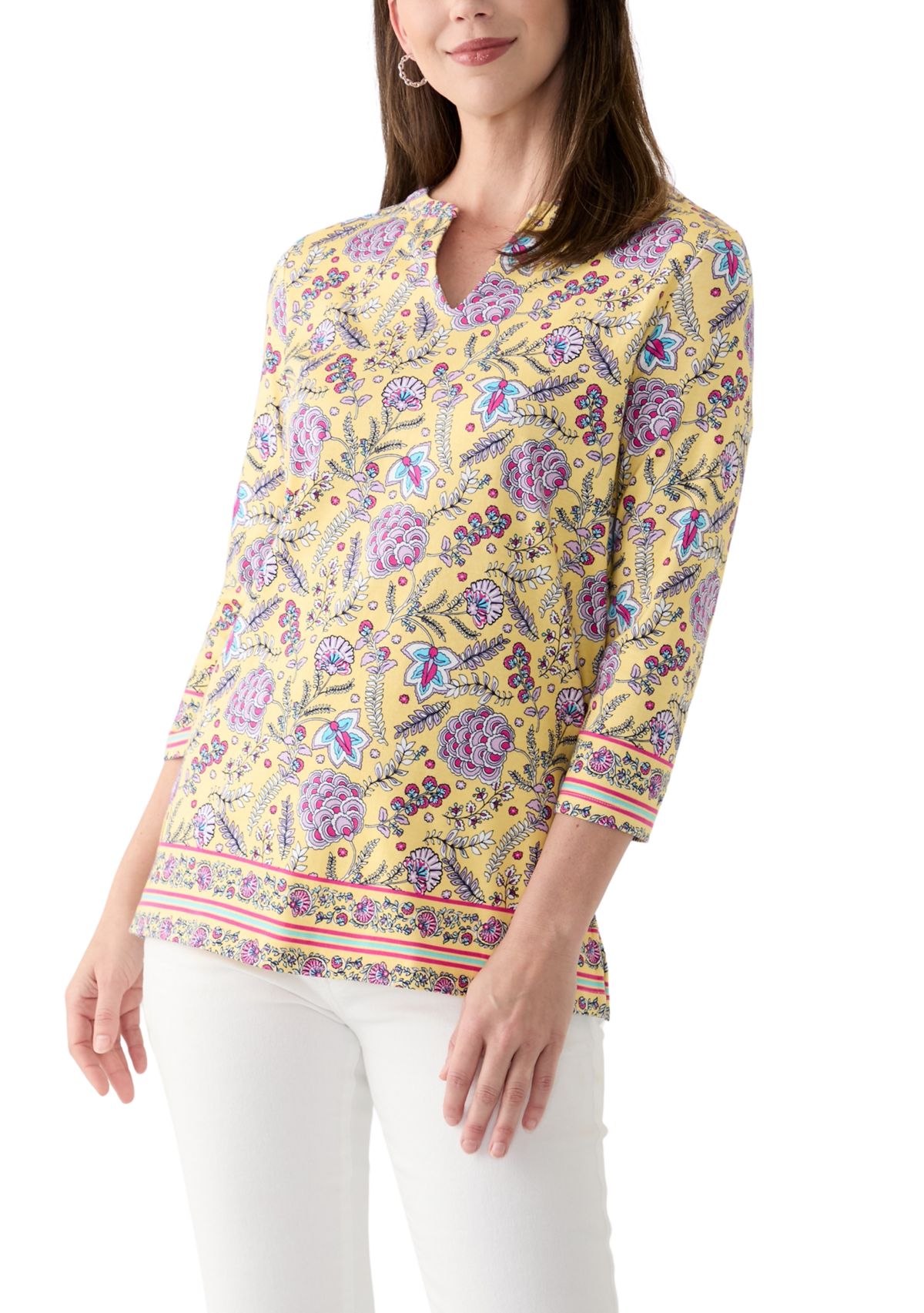 Womens Placement Printed Split Neck Top