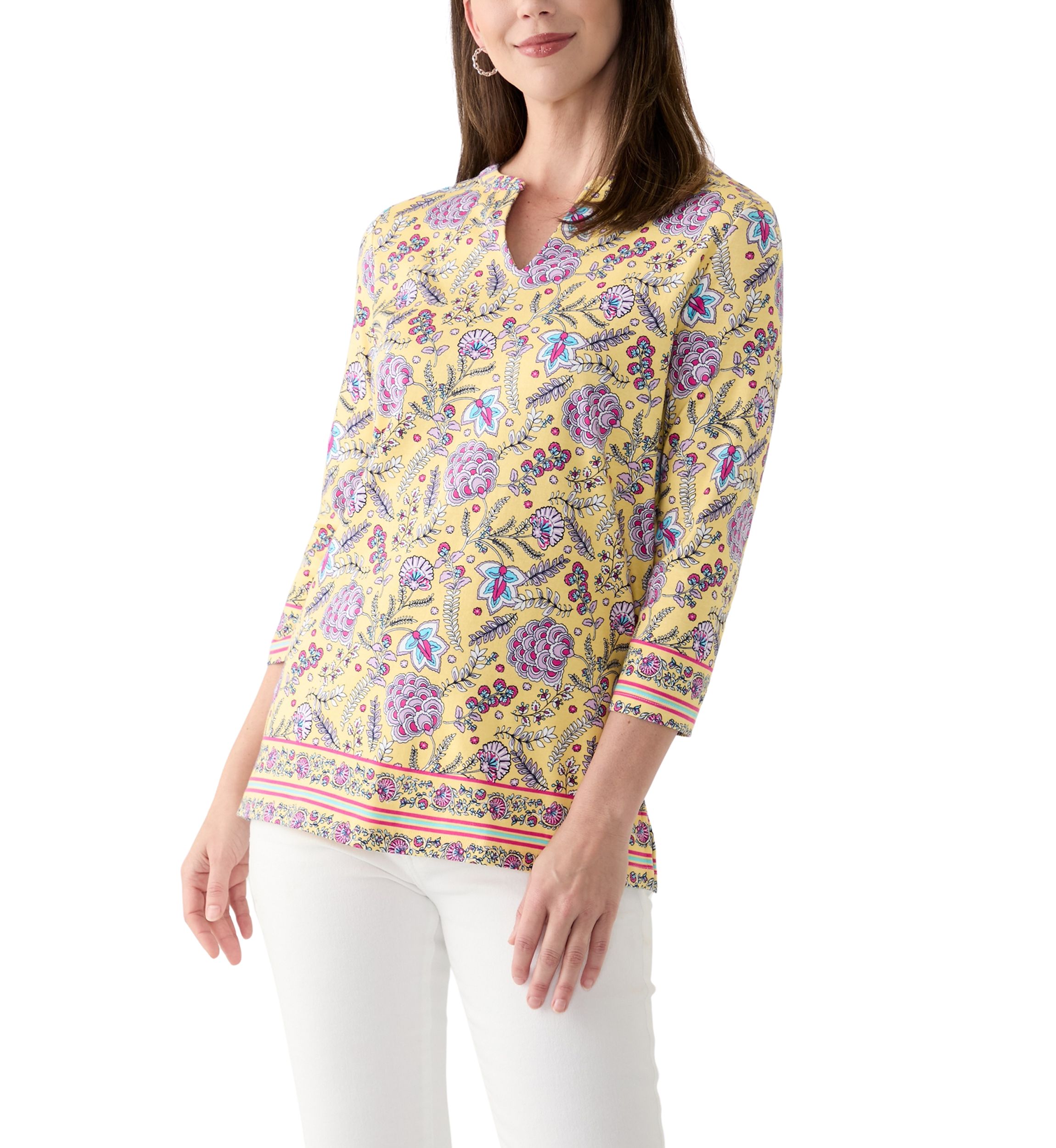 Womens Placement Printed Split Neck Top