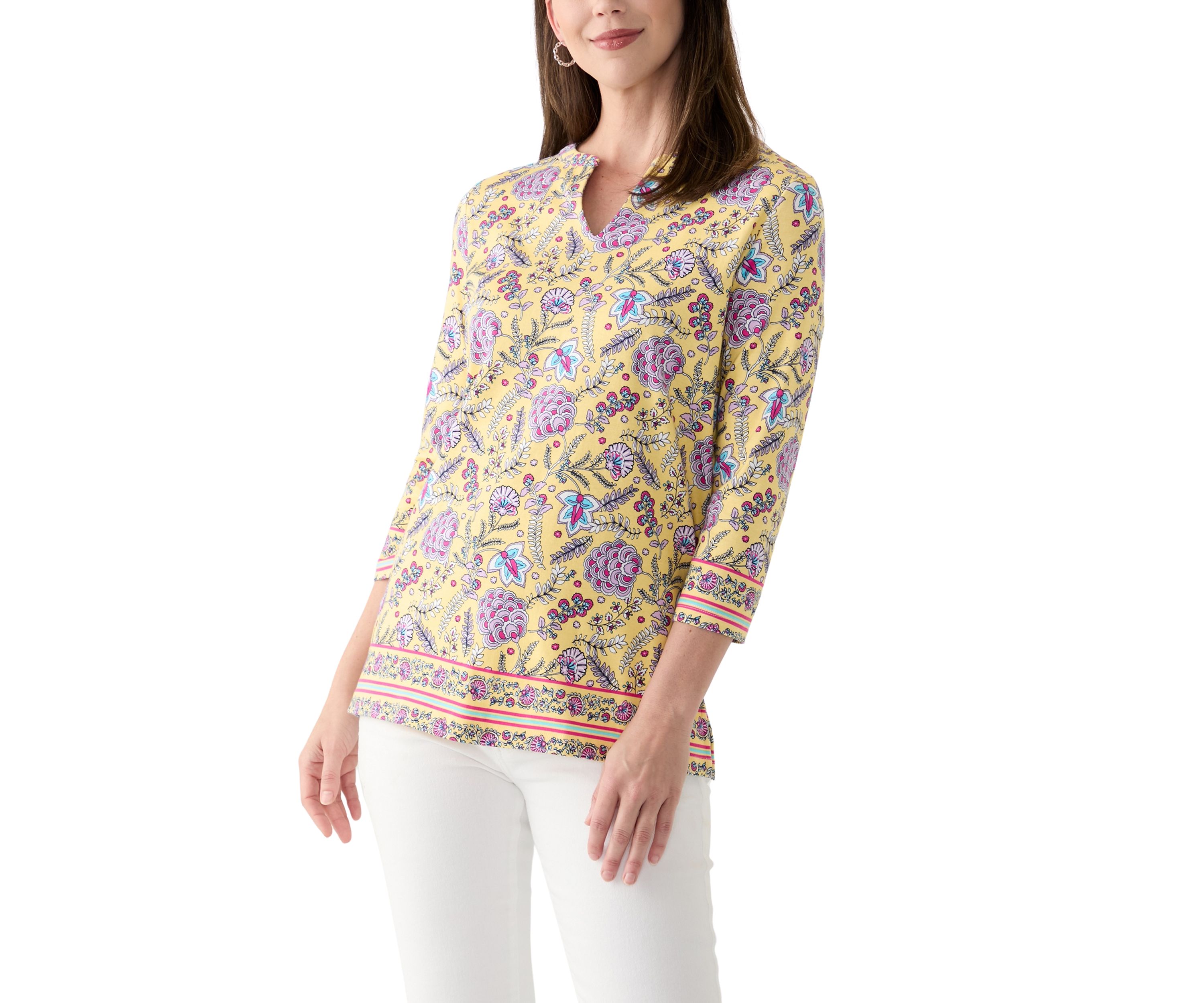 Womens Placement Printed Split Neck Top