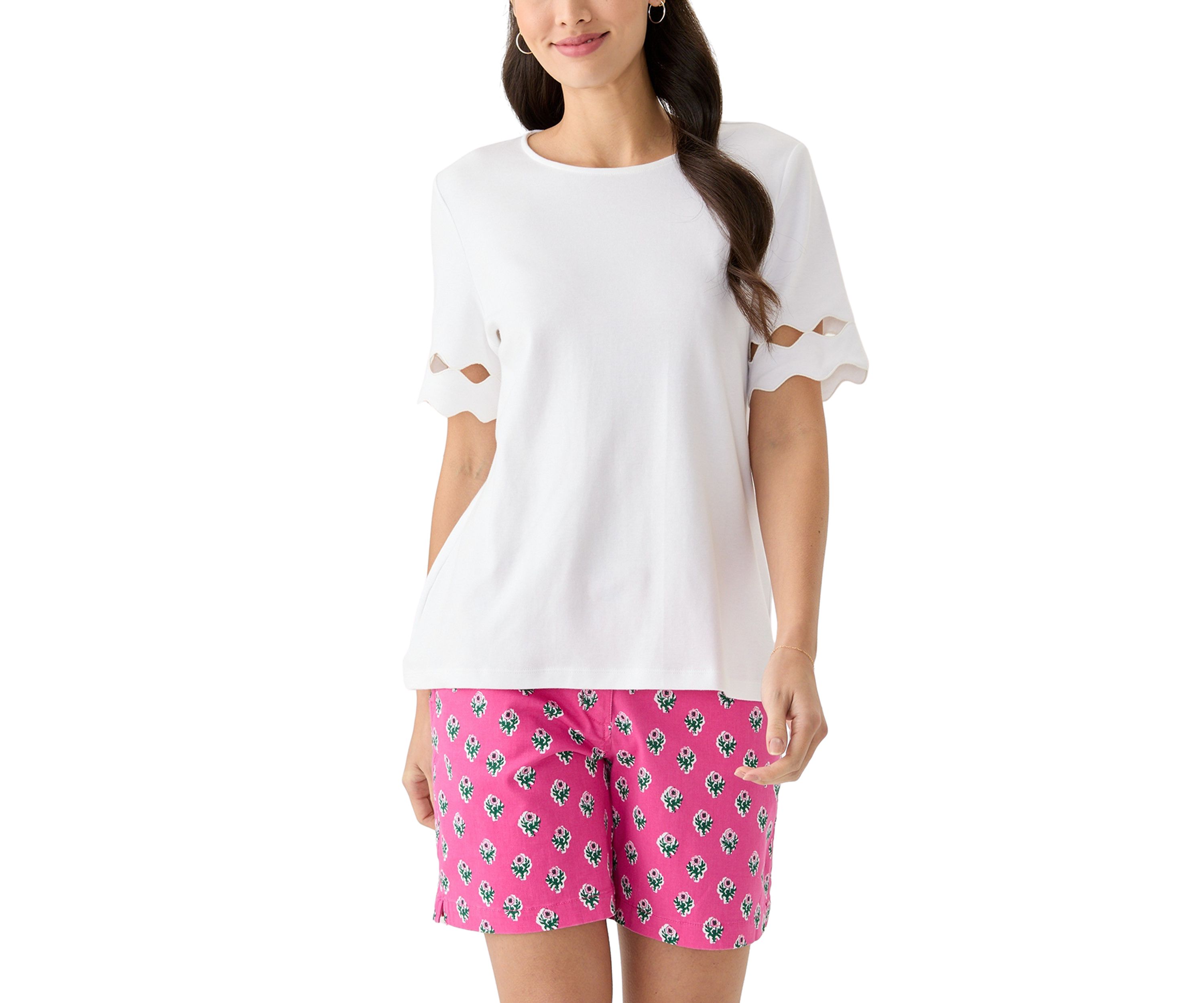 Womens Elbow Sleeve T-Shirt with Scallop Detail