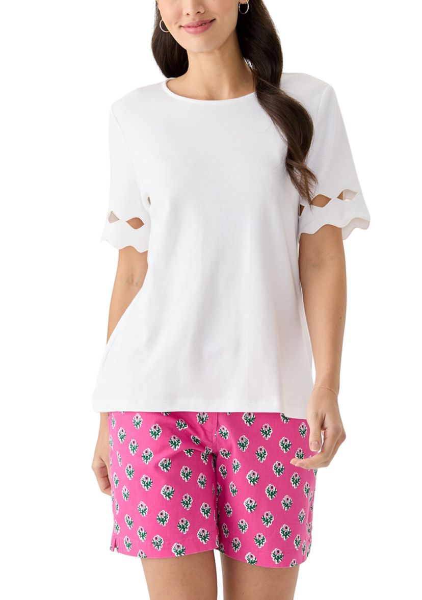 Womens Elbow Sleeve T-Shirt with Scallop Detail