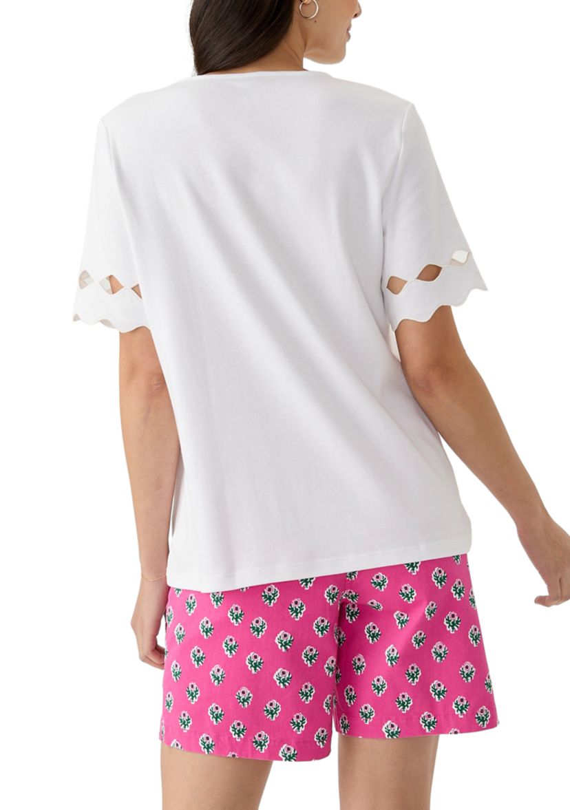 Womens Elbow Sleeve T-Shirt with Scallop Detail