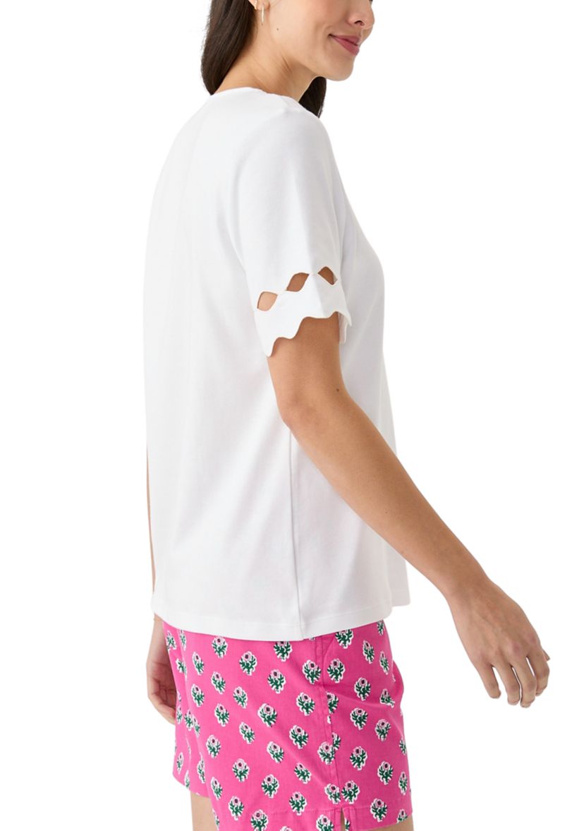 Womens Elbow Sleeve T-Shirt with Scallop Detail