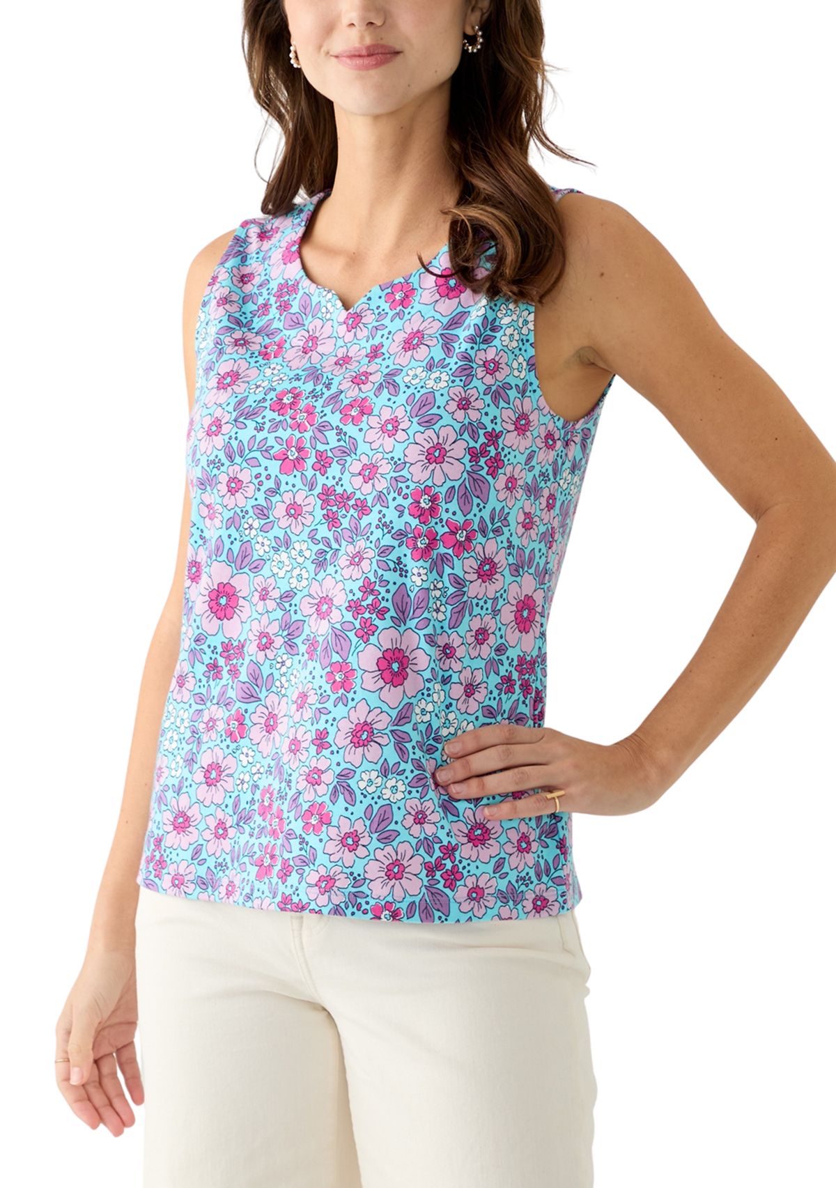 Womens Sleeveless Split Neck Tank Top 
