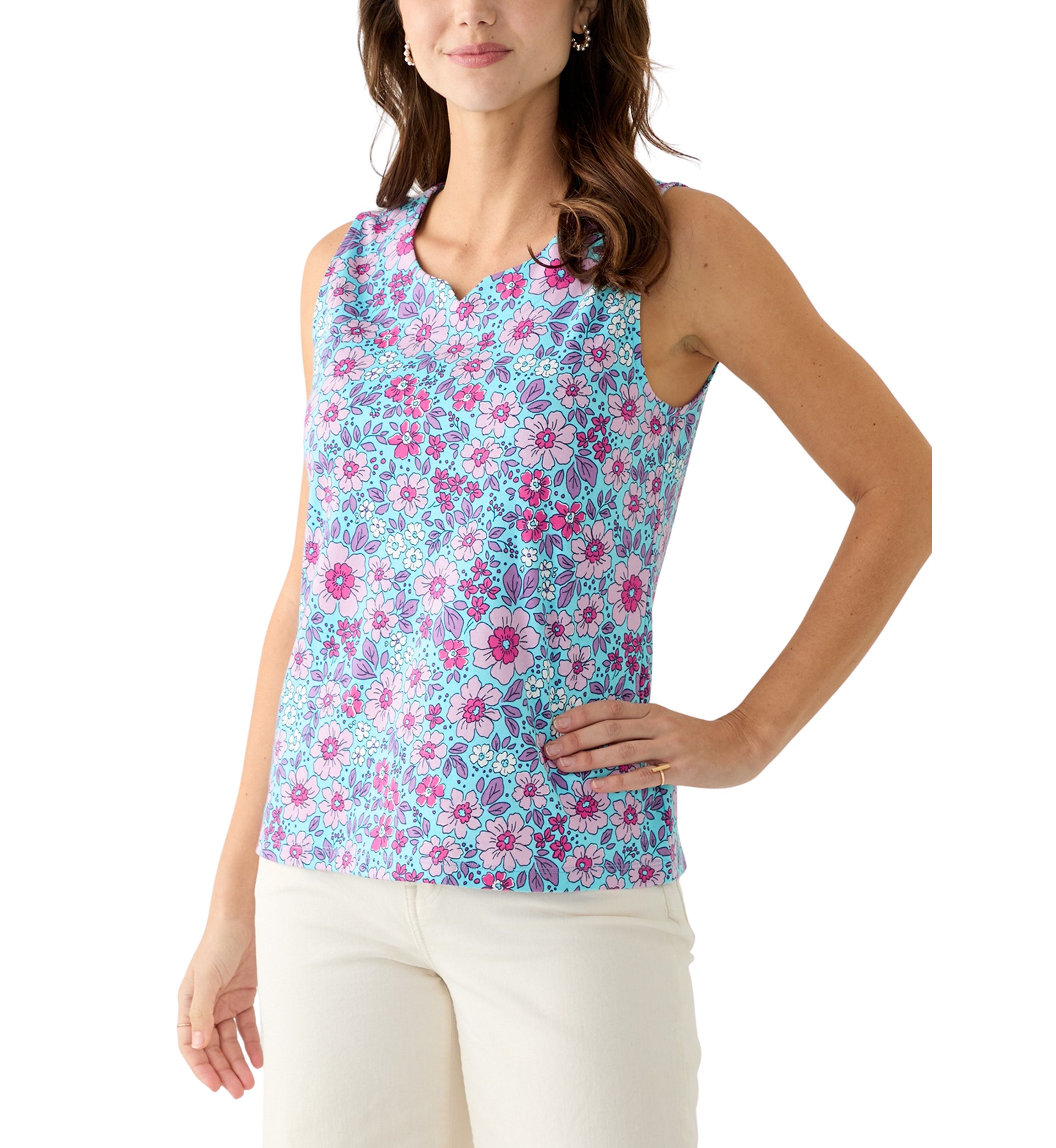 Womens Sleeveless Split Neck Tank Top 