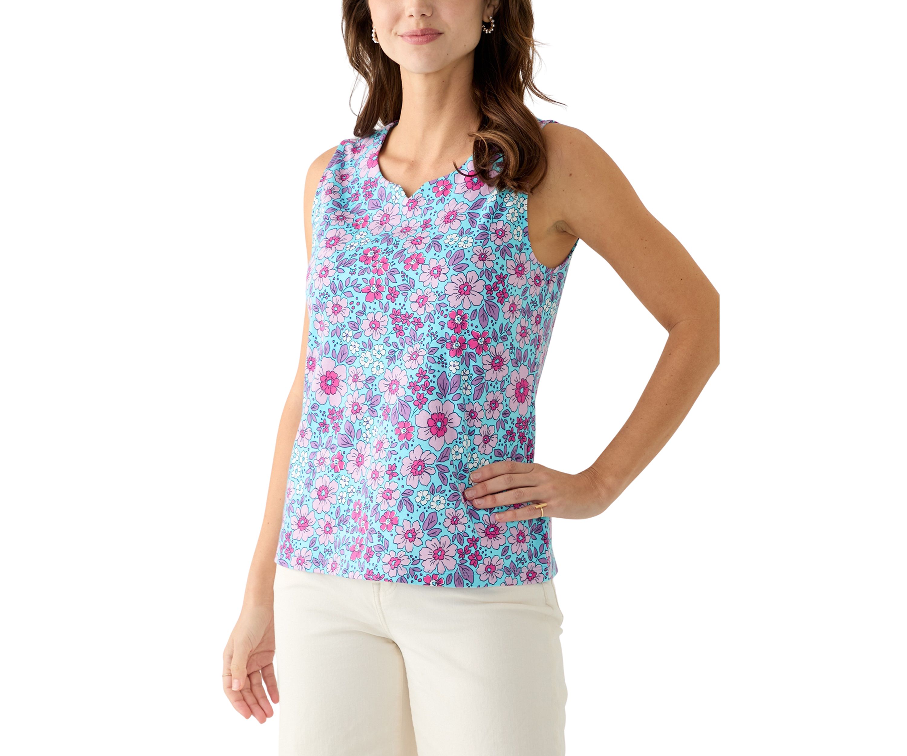 Womens Sleeveless Split Neck Tank Top 