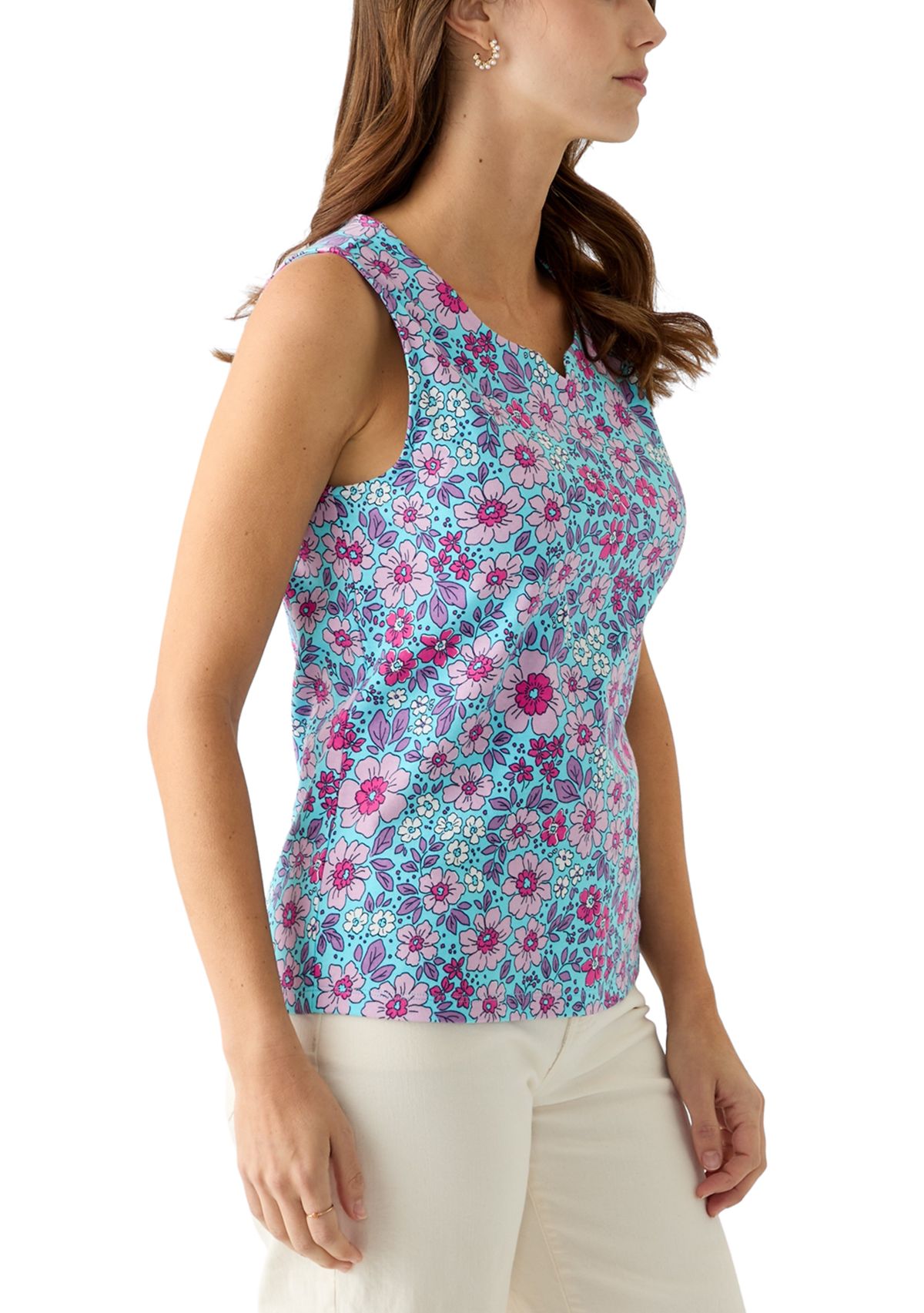 Womens Sleeveless Split Neck Tank Top 