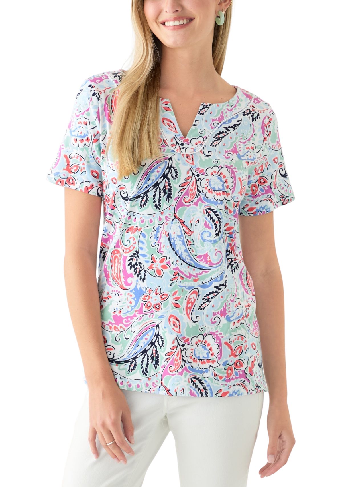 Womens Short Sleeve Crochet Trim Printed T-Shirt