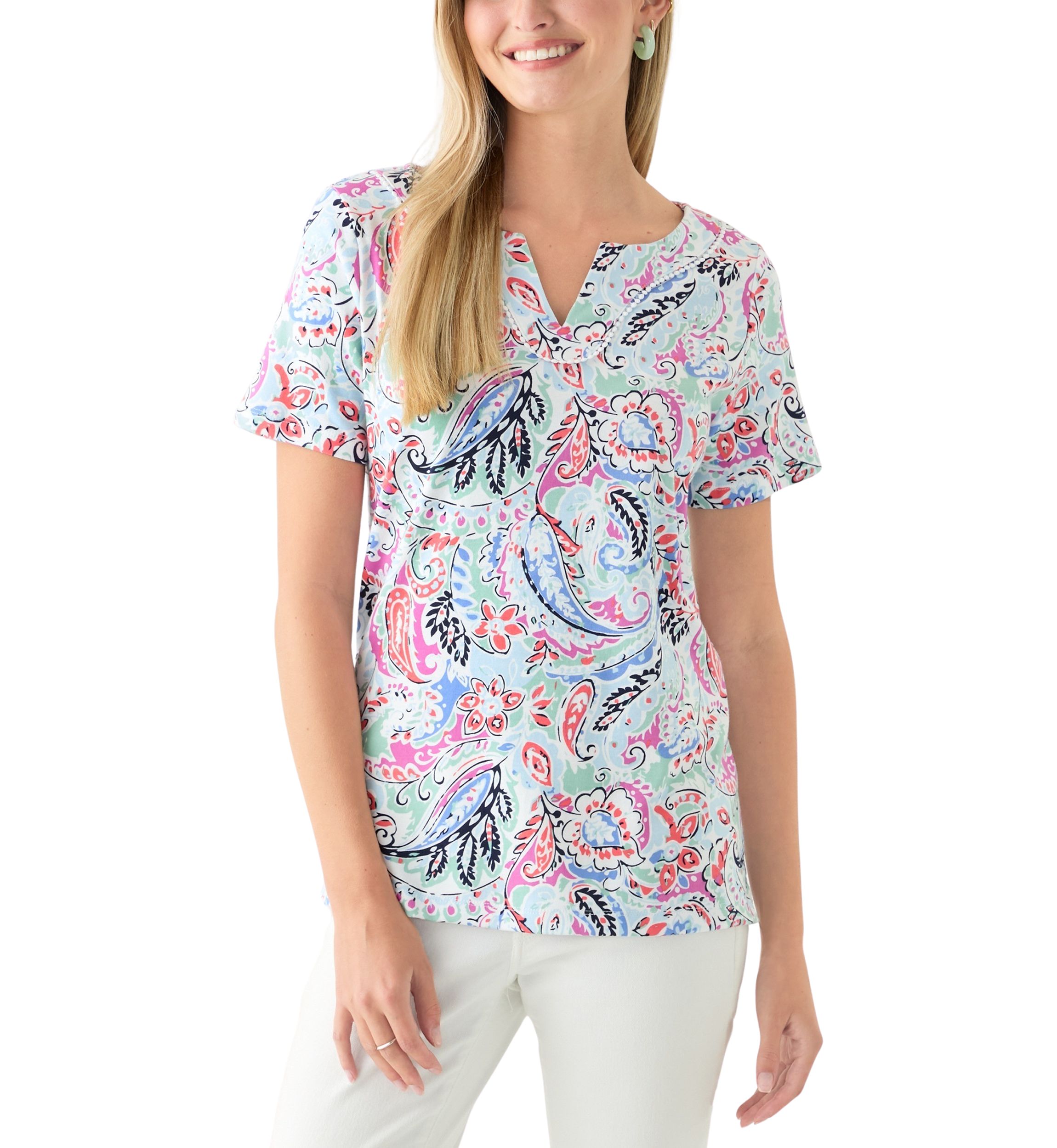 Womens Short Sleeve Crochet Trim Printed T-Shirt