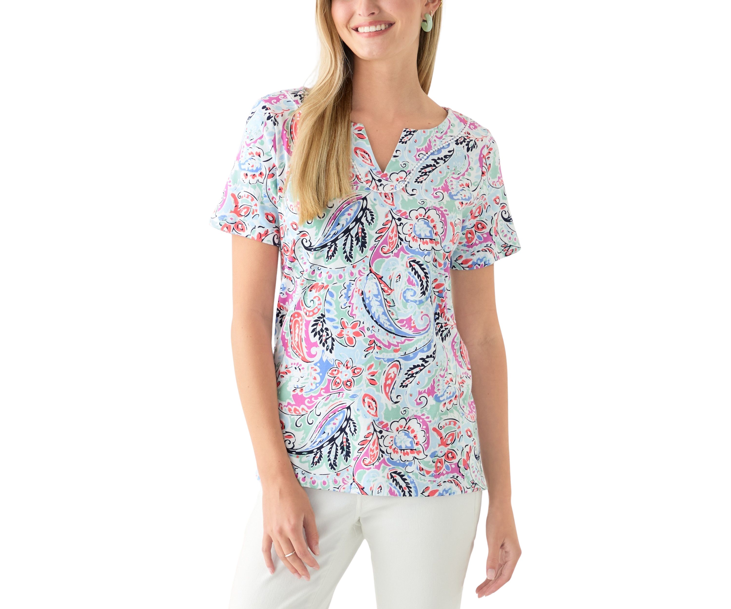 Womens Short Sleeve Crochet Trim Printed T-Shirt