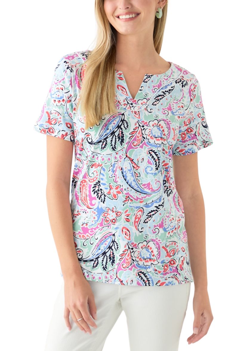 Womens Short Sleeve Crochet Trim Printed T-Shirt