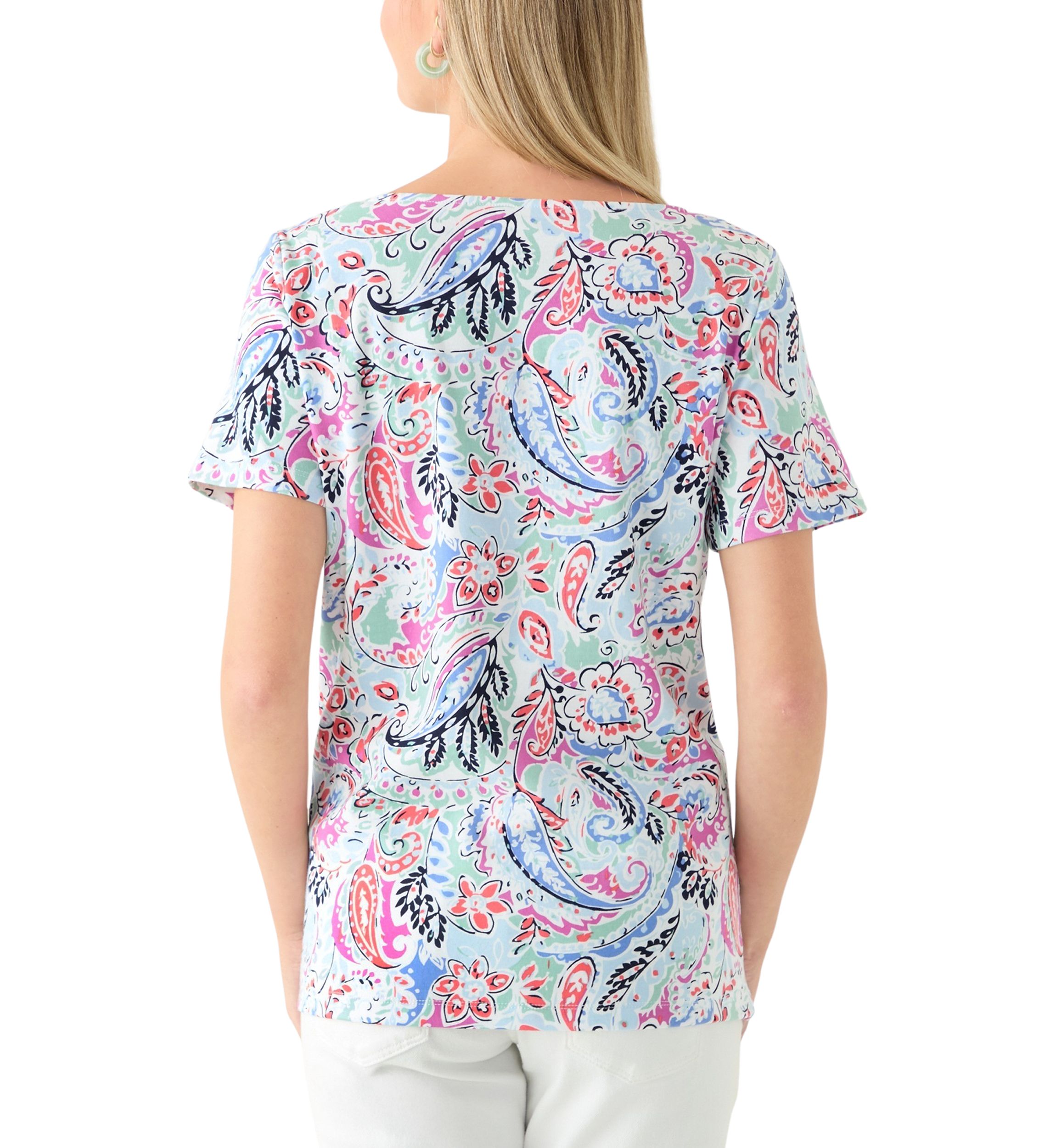 Womens Short Sleeve Crochet Trim Printed T-Shirt