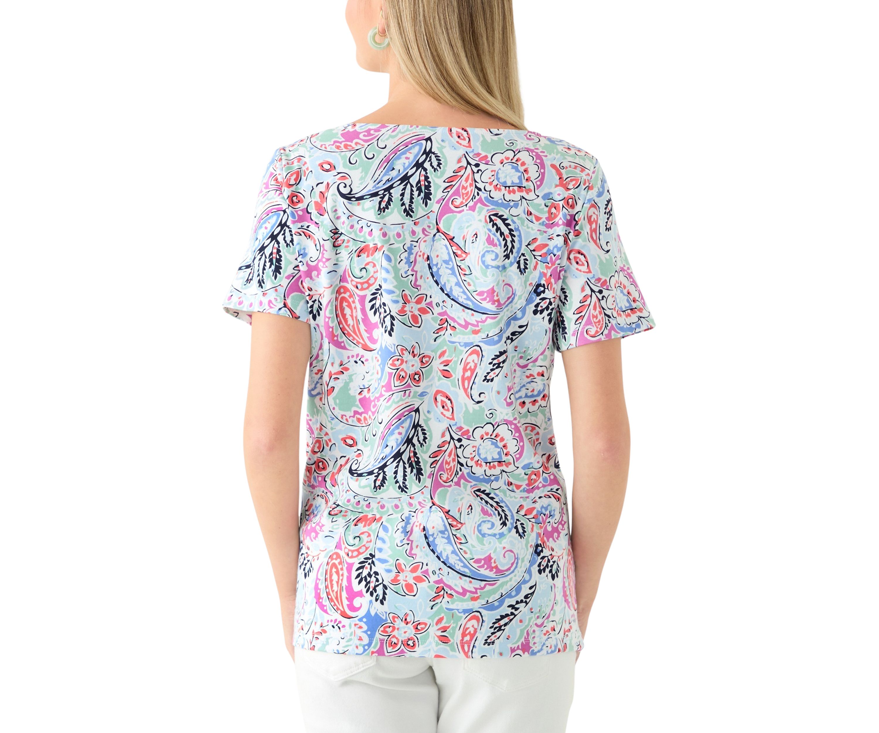 Womens Short Sleeve Crochet Trim Printed T-Shirt