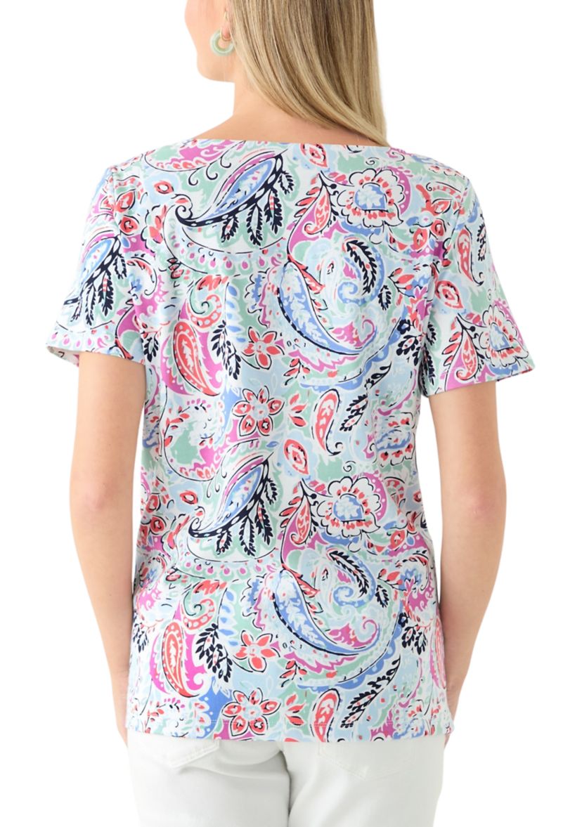 Womens Short Sleeve Crochet Trim Printed T-Shirt