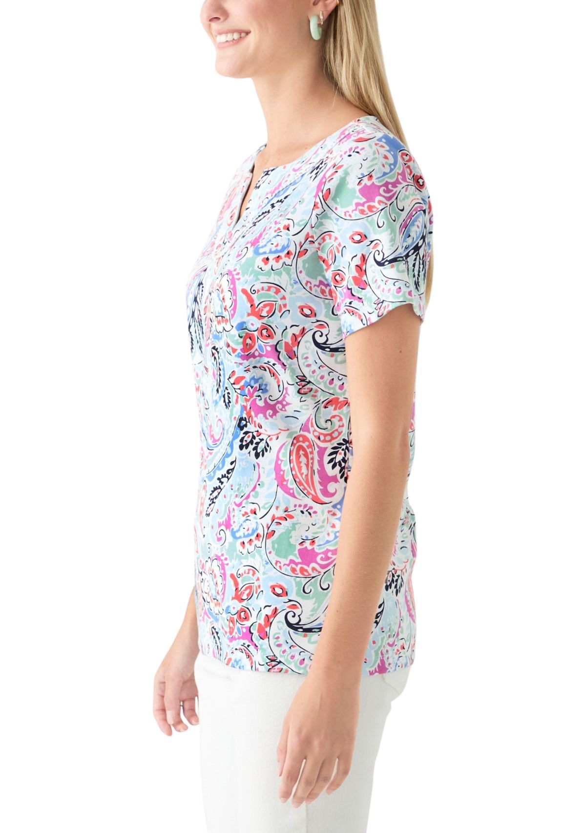 Womens Short Sleeve Crochet Trim Printed T-Shirt