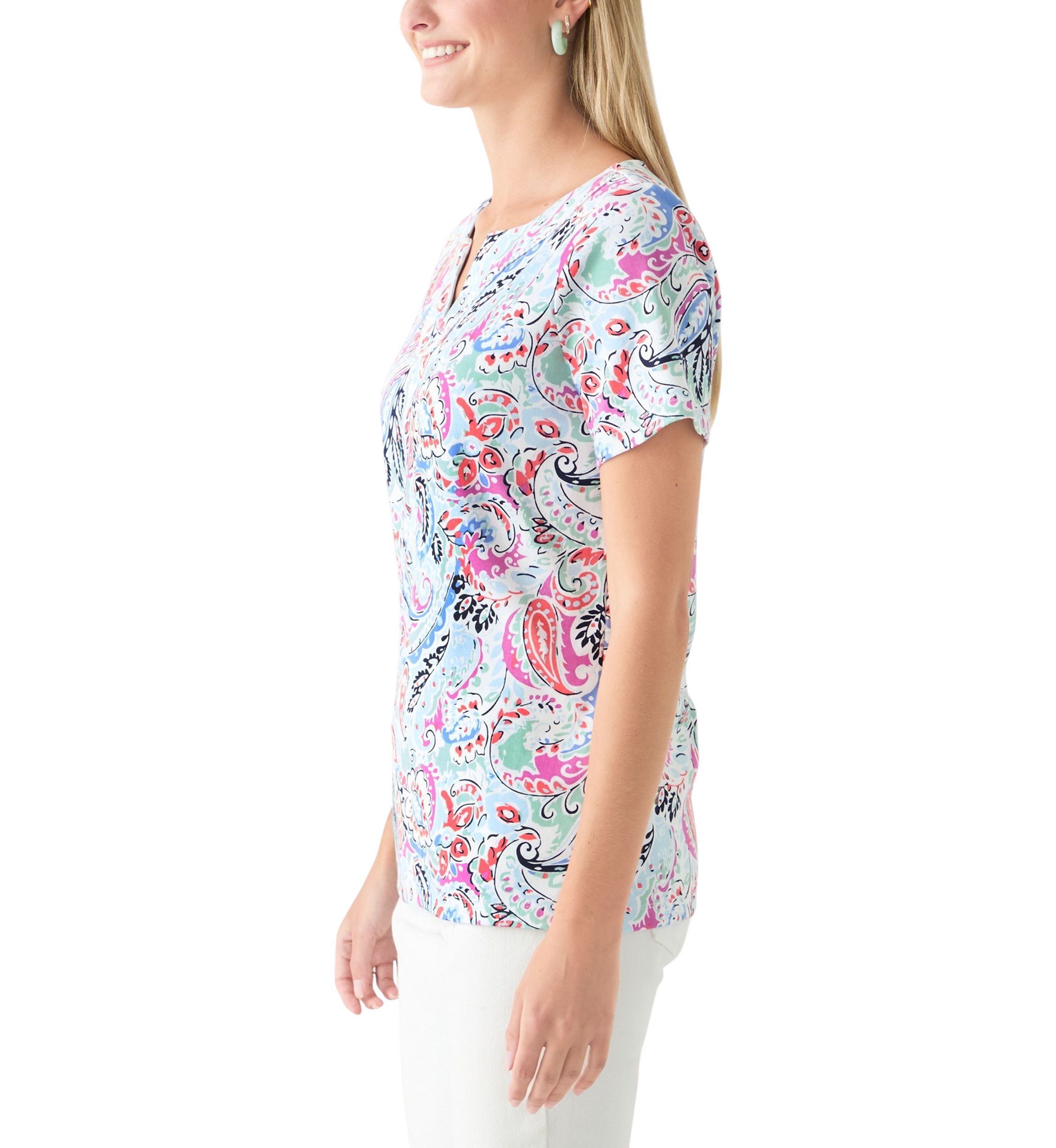 Womens Short Sleeve Crochet Trim Printed T-Shirt