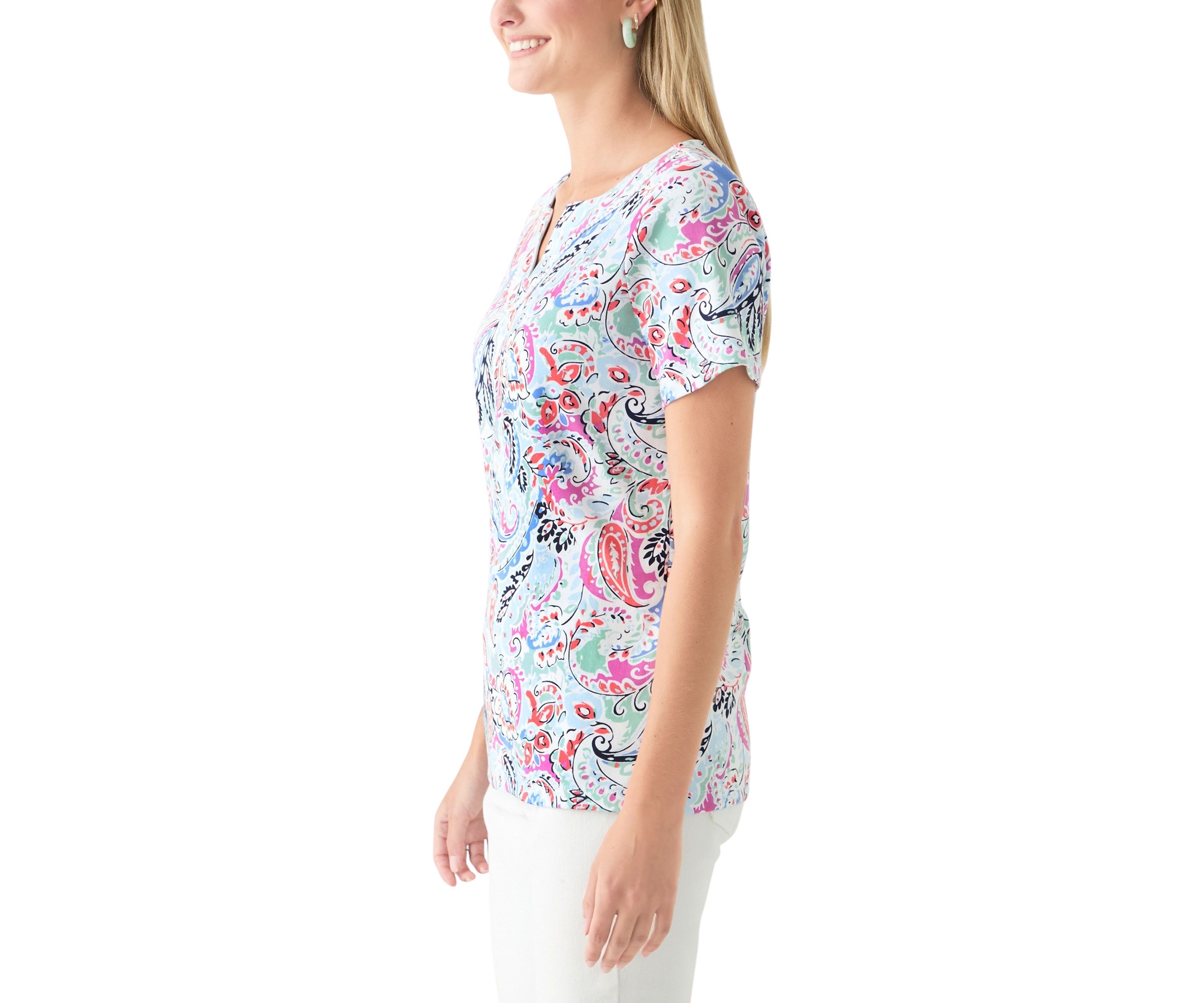 Womens Short Sleeve Crochet Trim Printed T-Shirt