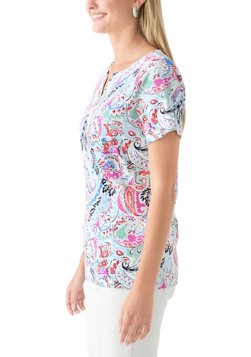 Womens Short Sleeve Crochet Trim Printed T-Shirt