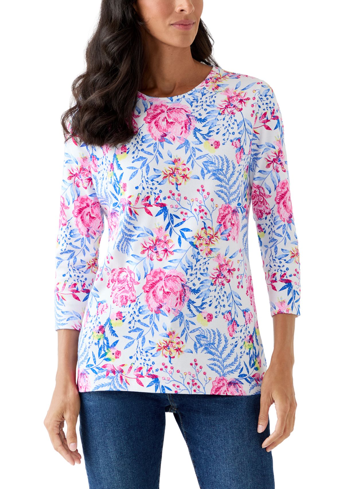 Womens Three-Quarter Sleeve Printed Crew Neck 