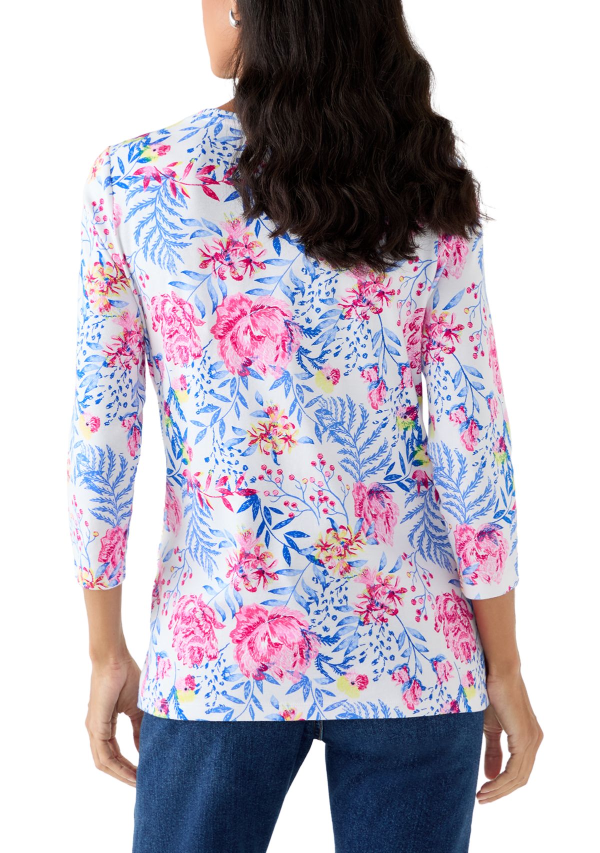 Womens Three-Quarter Sleeve Printed Crew Neck 