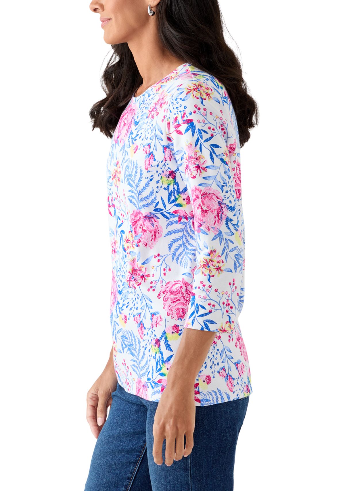 Womens Three-Quarter Sleeve Printed Crew Neck 