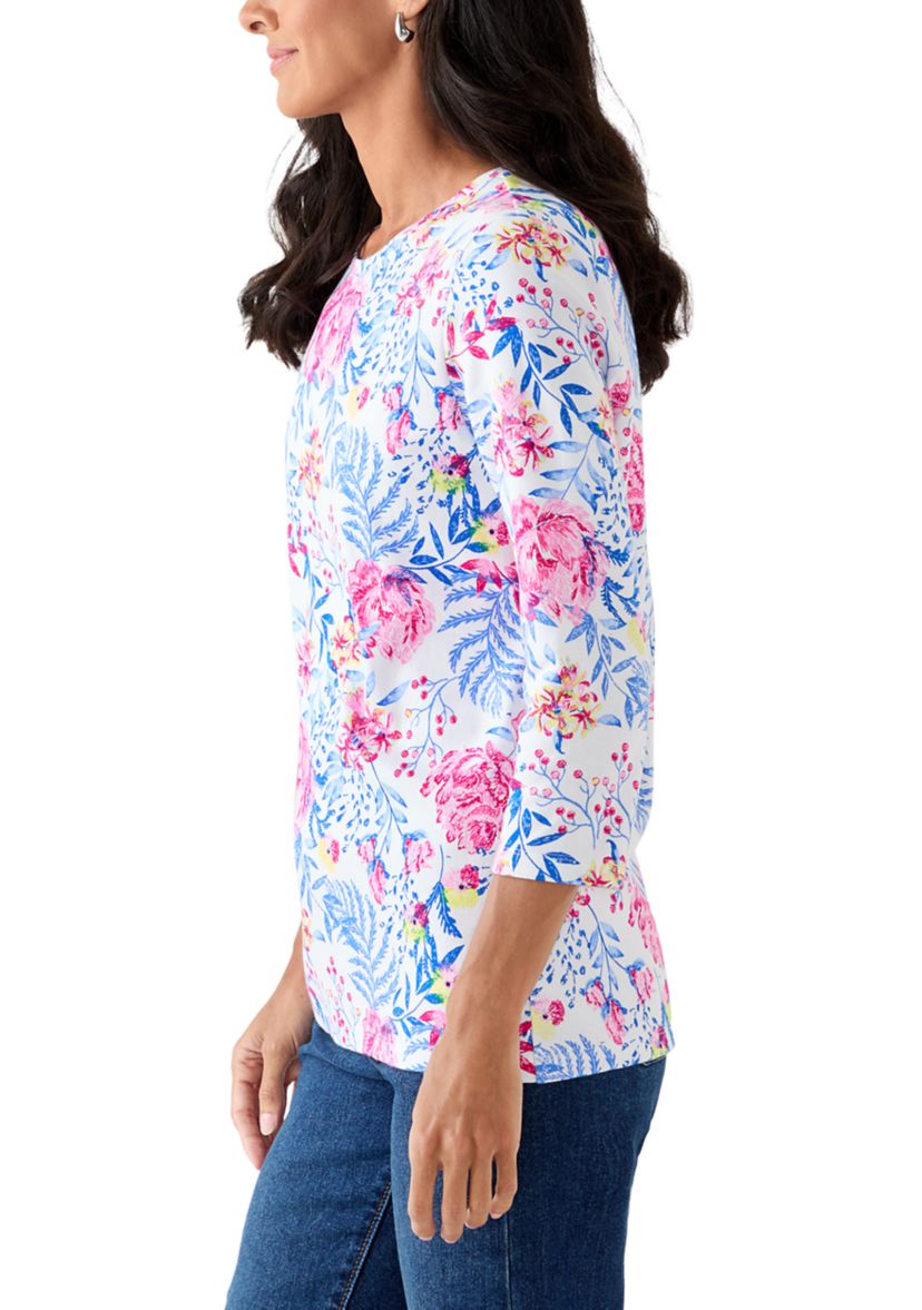 Womens Three-Quarter Sleeve Printed Crew Neck 