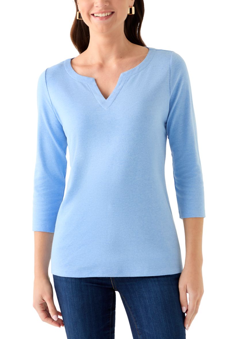 Womens 3/4 Sleeve Split Neck Top