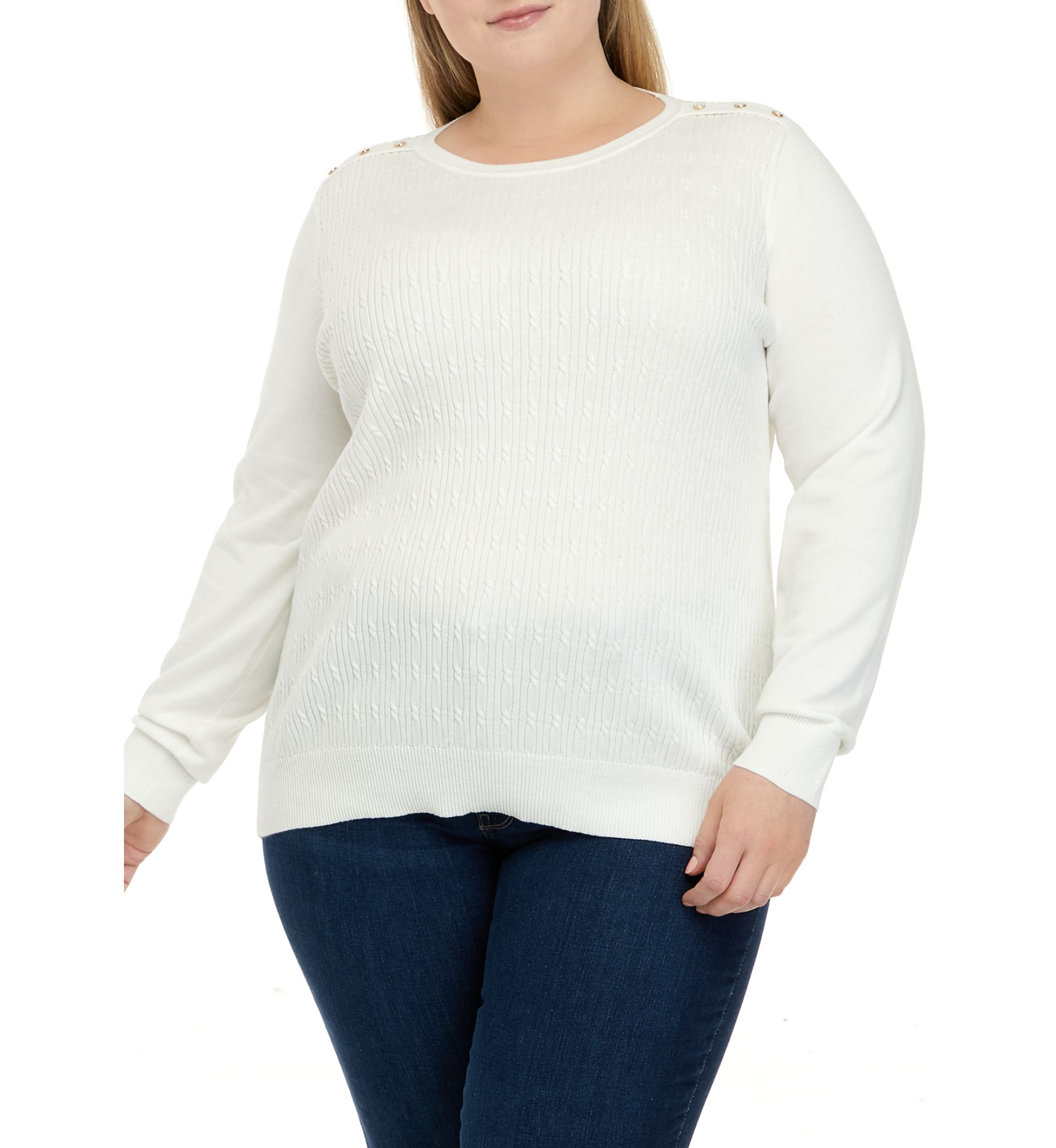 Plus Size Long Sleeve Cable Knit Crew Neck Button Shoulder Sweater
