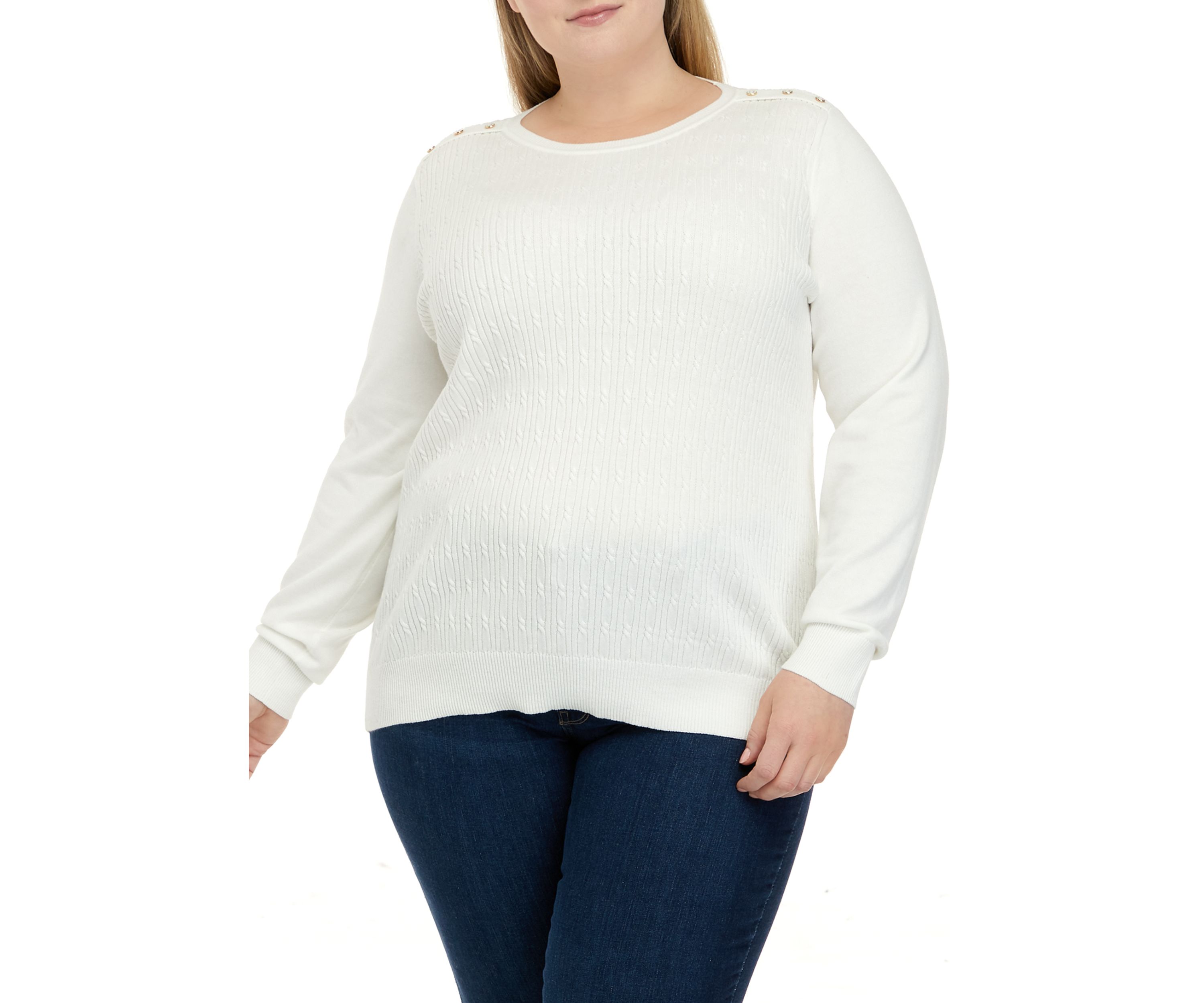 Plus Size Long Sleeve Cable Knit Crew Neck Button Shoulder Sweater