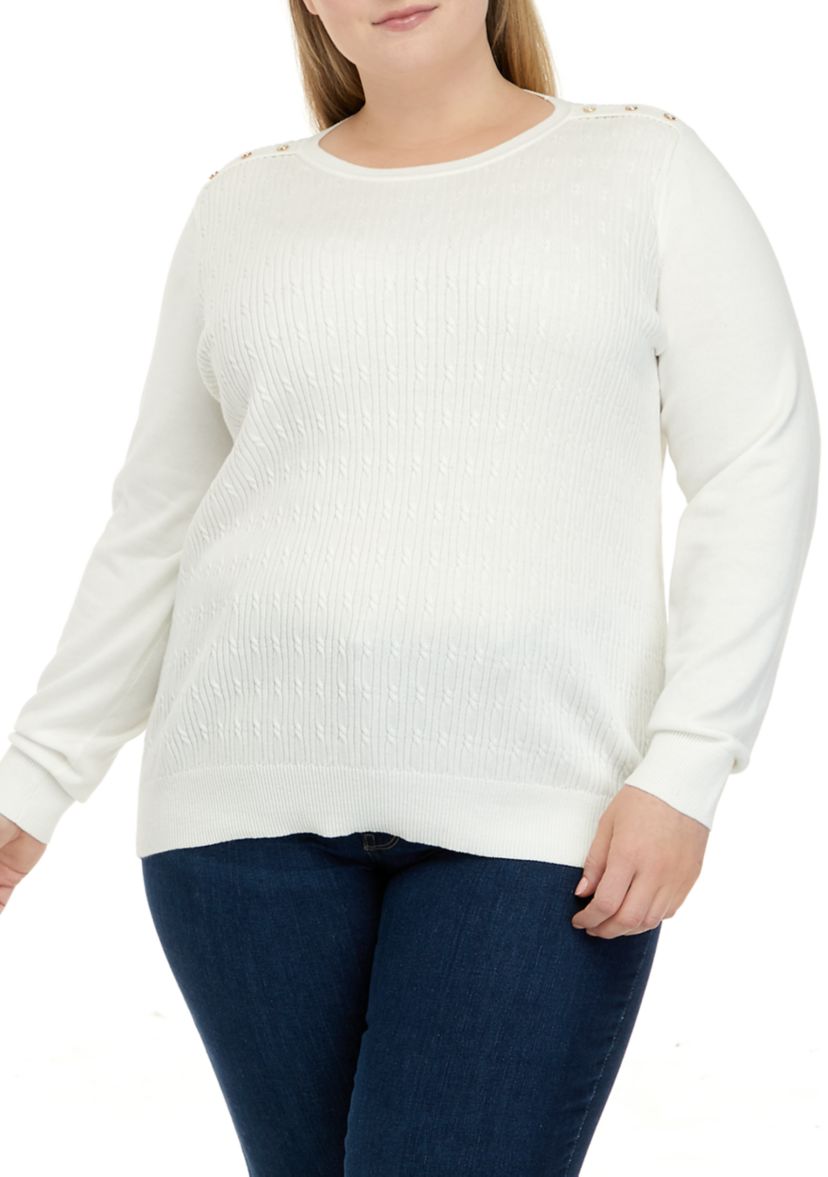 Plus Size Long Sleeve Cable Knit Crew Neck Button Shoulder Sweater