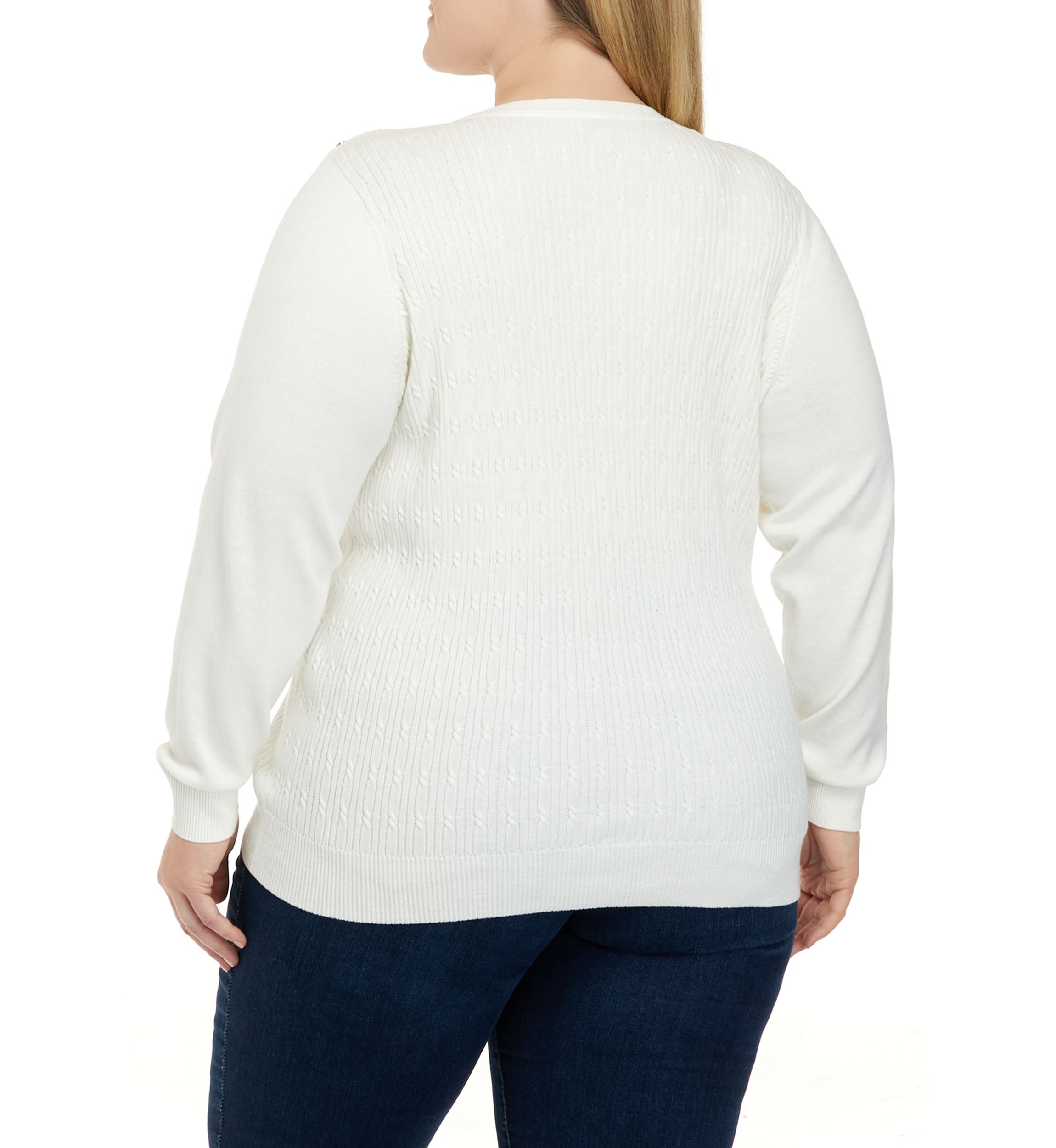 Plus Size Long Sleeve Cable Knit Crew Neck Button Shoulder Sweater