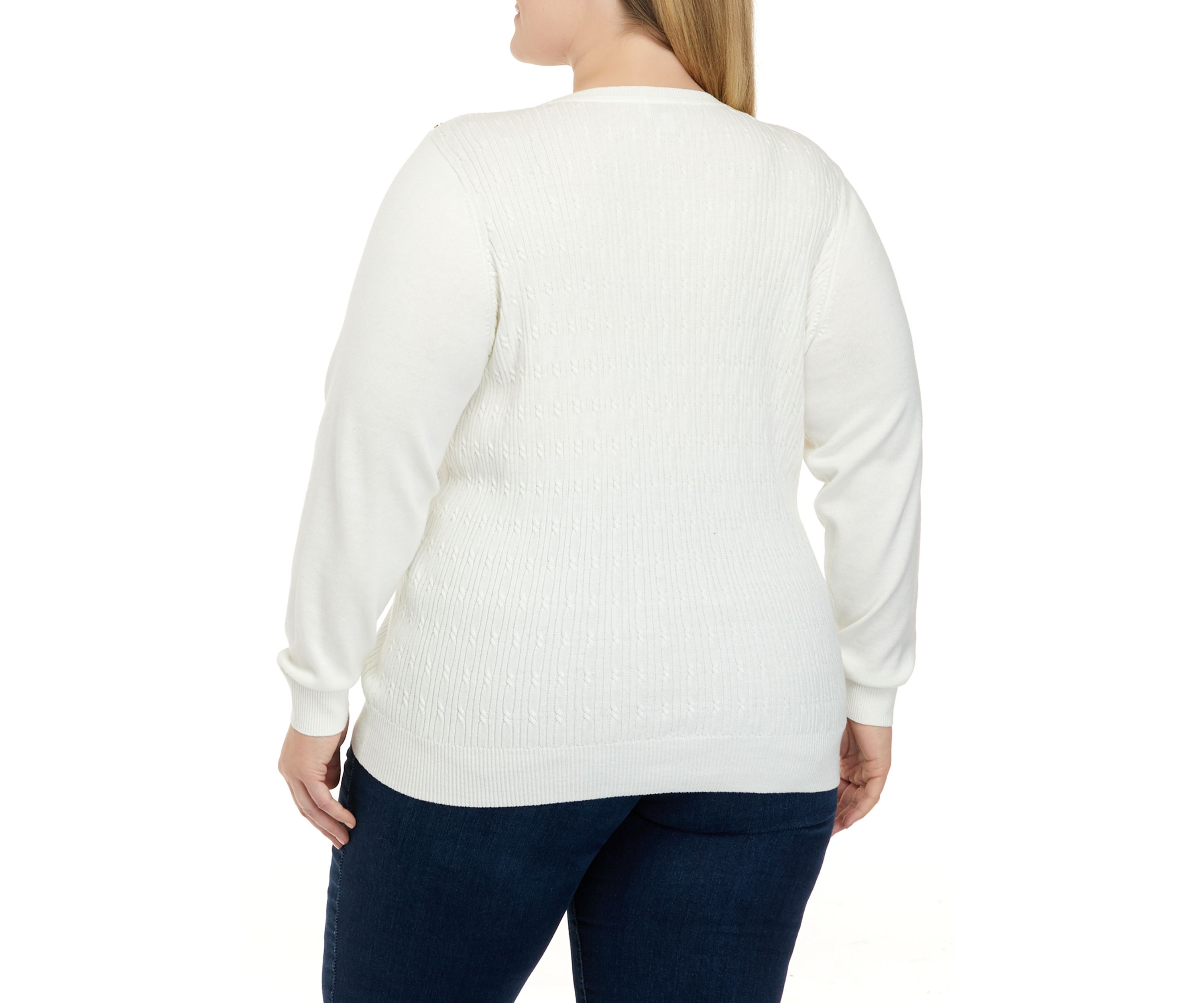 Plus Size Long Sleeve Cable Knit Crew Neck Button Shoulder Sweater