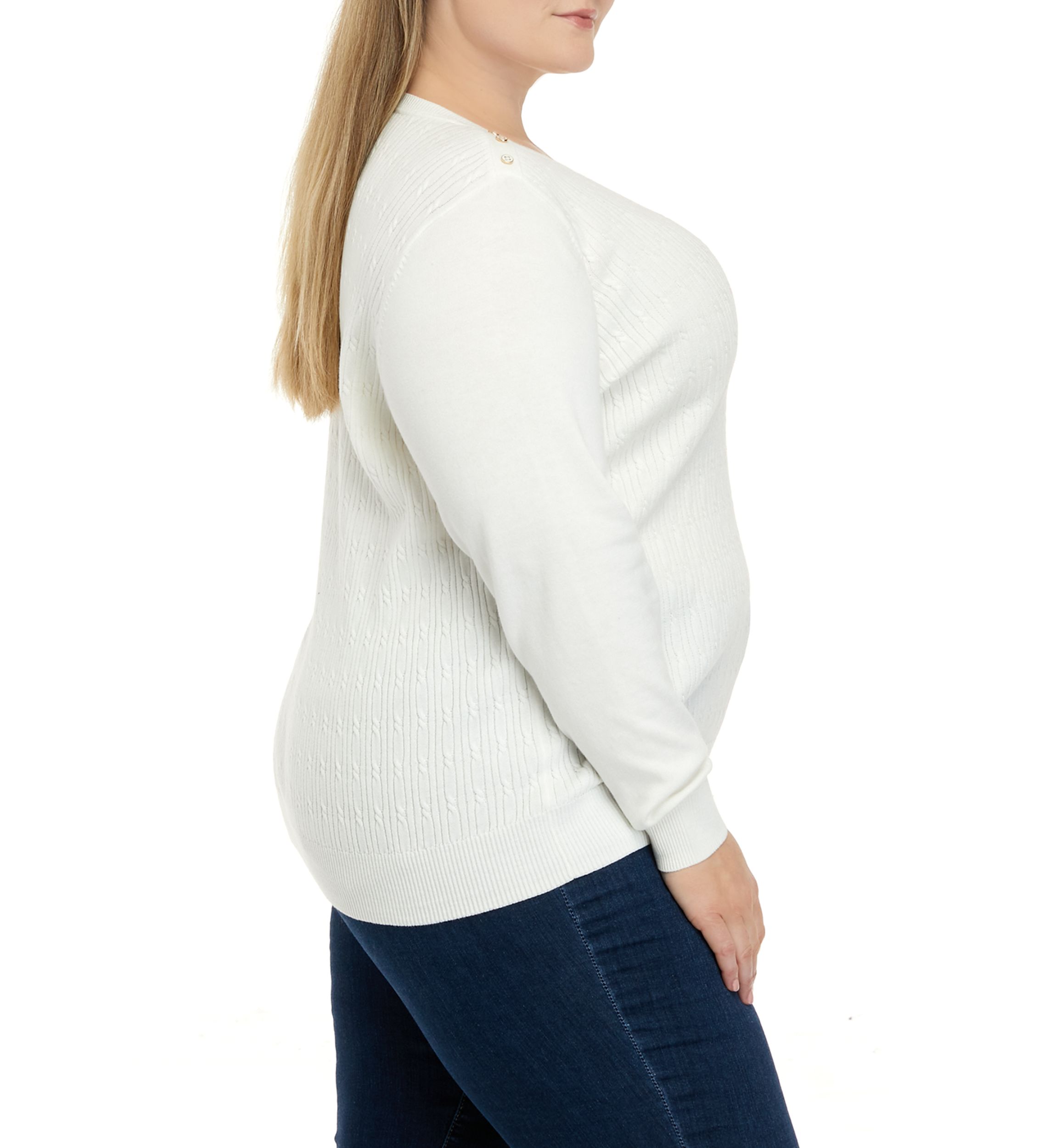 Plus Size Long Sleeve Cable Knit Crew Neck Button Shoulder Sweater