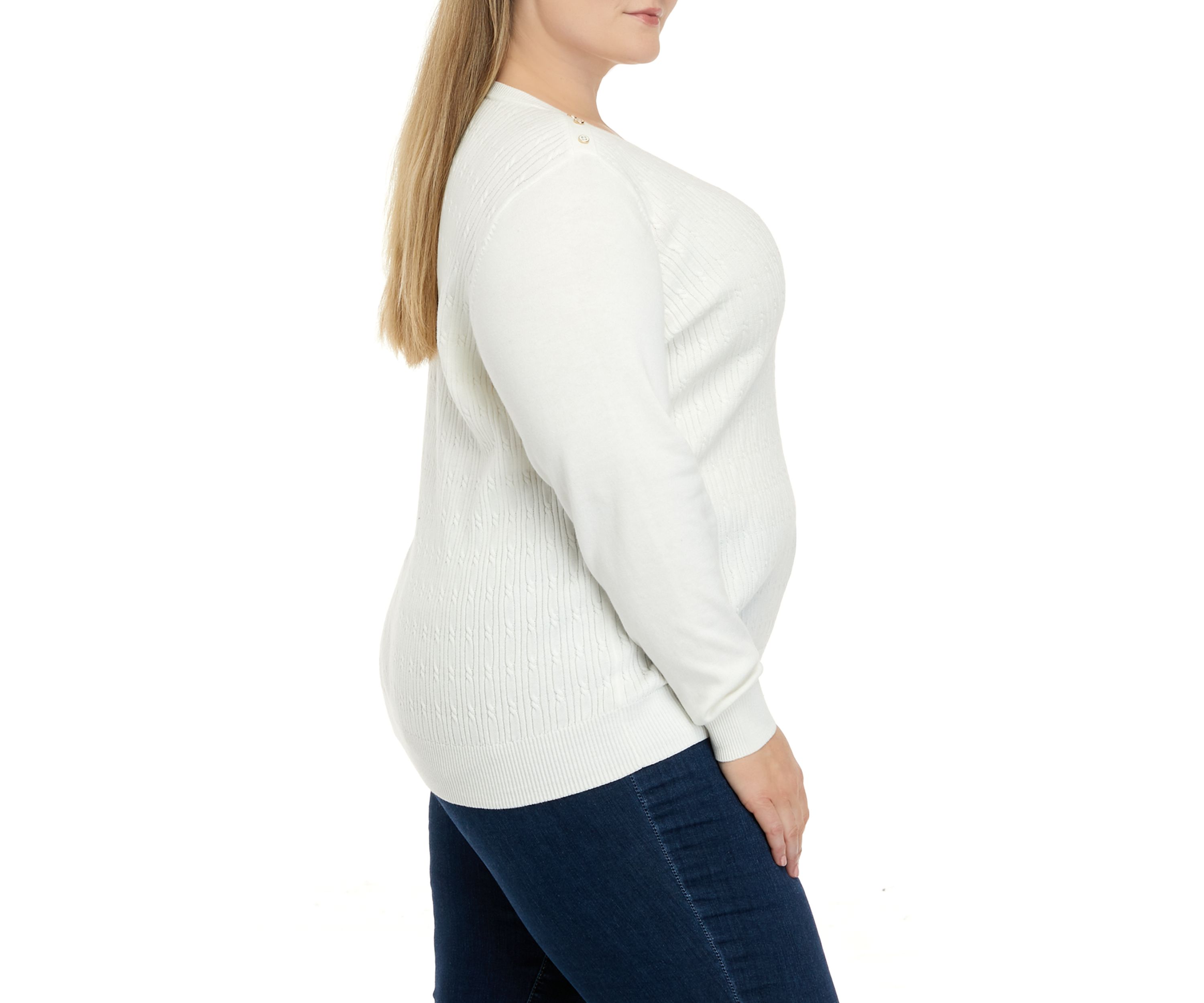 Plus Size Long Sleeve Cable Knit Crew Neck Button Shoulder Sweater