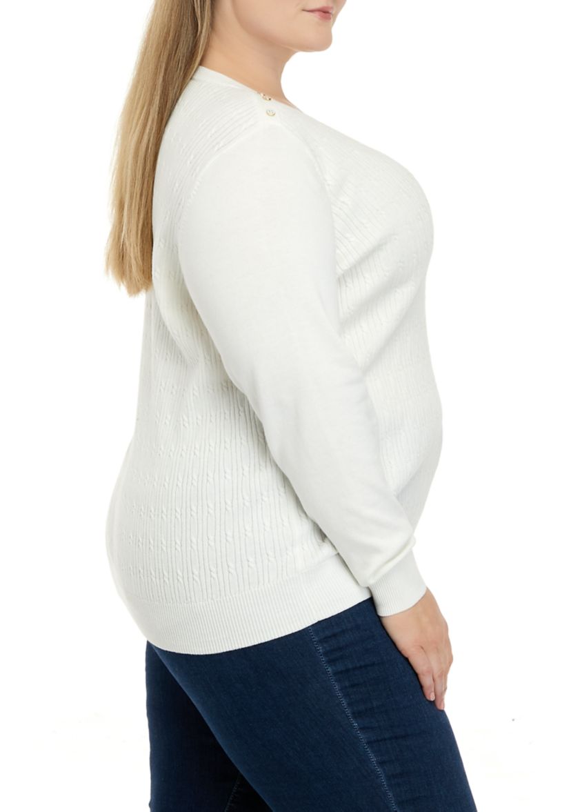 Plus Size Long Sleeve Cable Knit Crew Neck Button Shoulder Sweater
