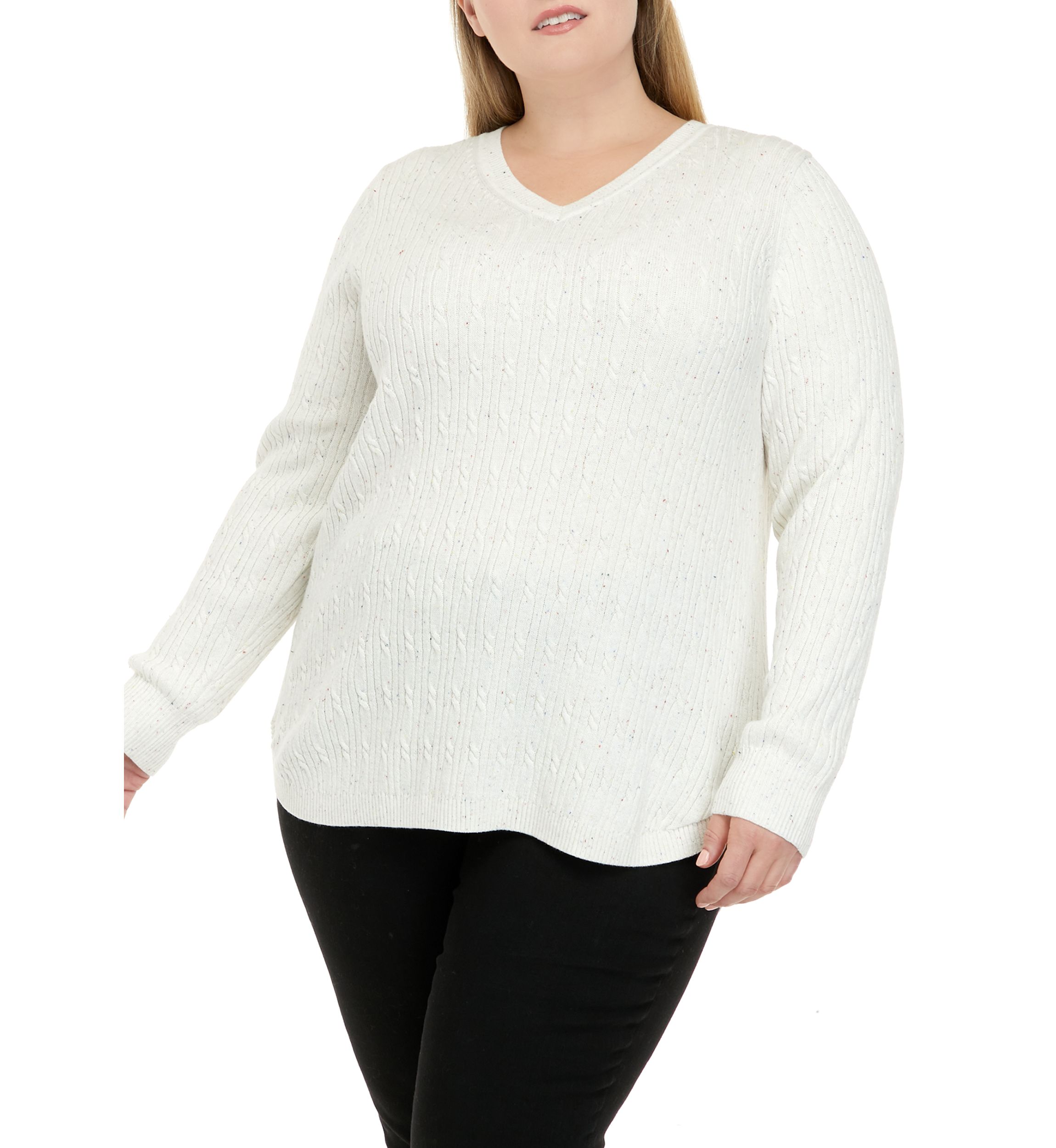 Plus Size Long Sleeve Cable V-Neck Sweater