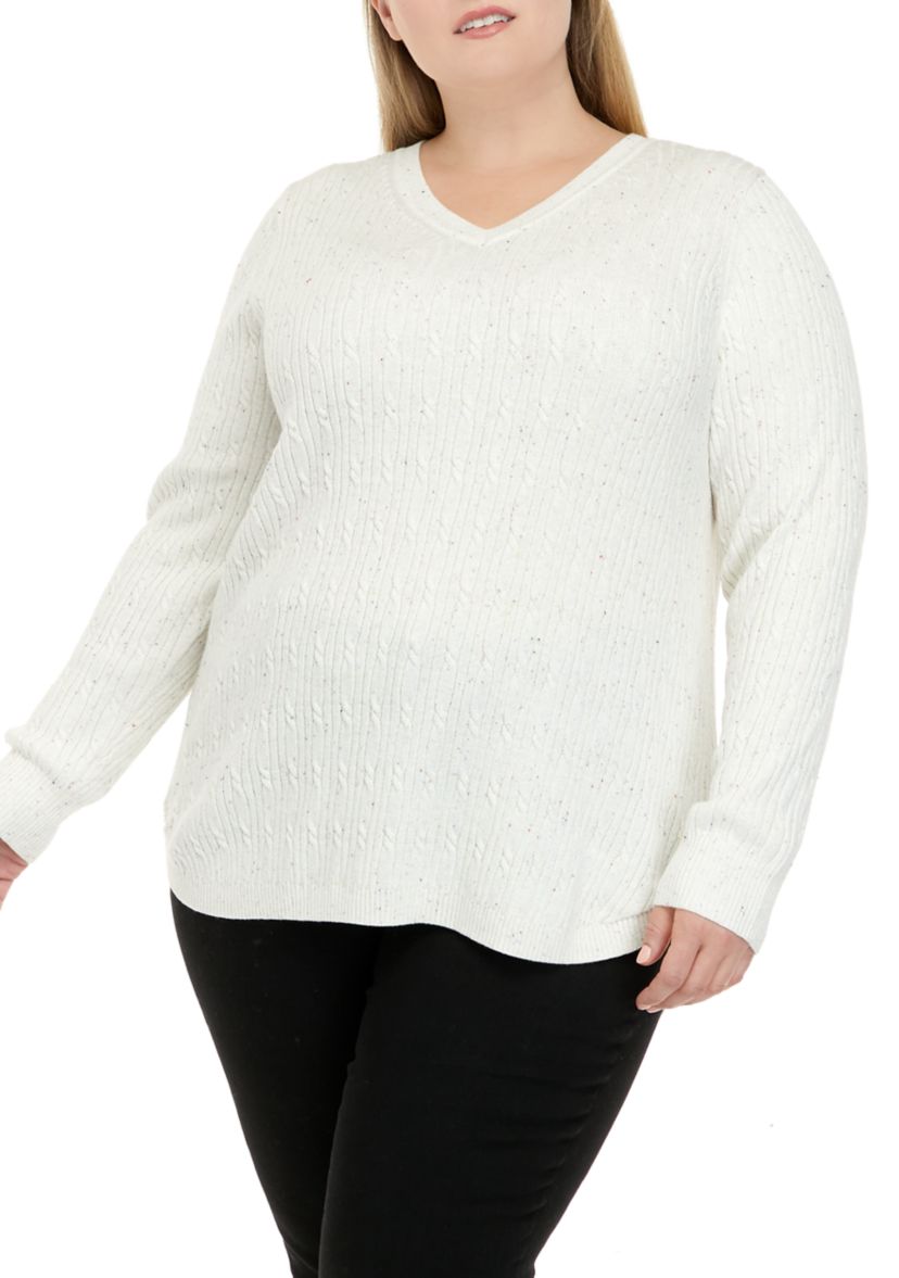Plus Size Long Sleeve Cable V-Neck Sweater