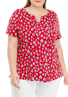 Womens Plus Size Red Black Square Neck Textured Tunic Top Cap Sleeves 