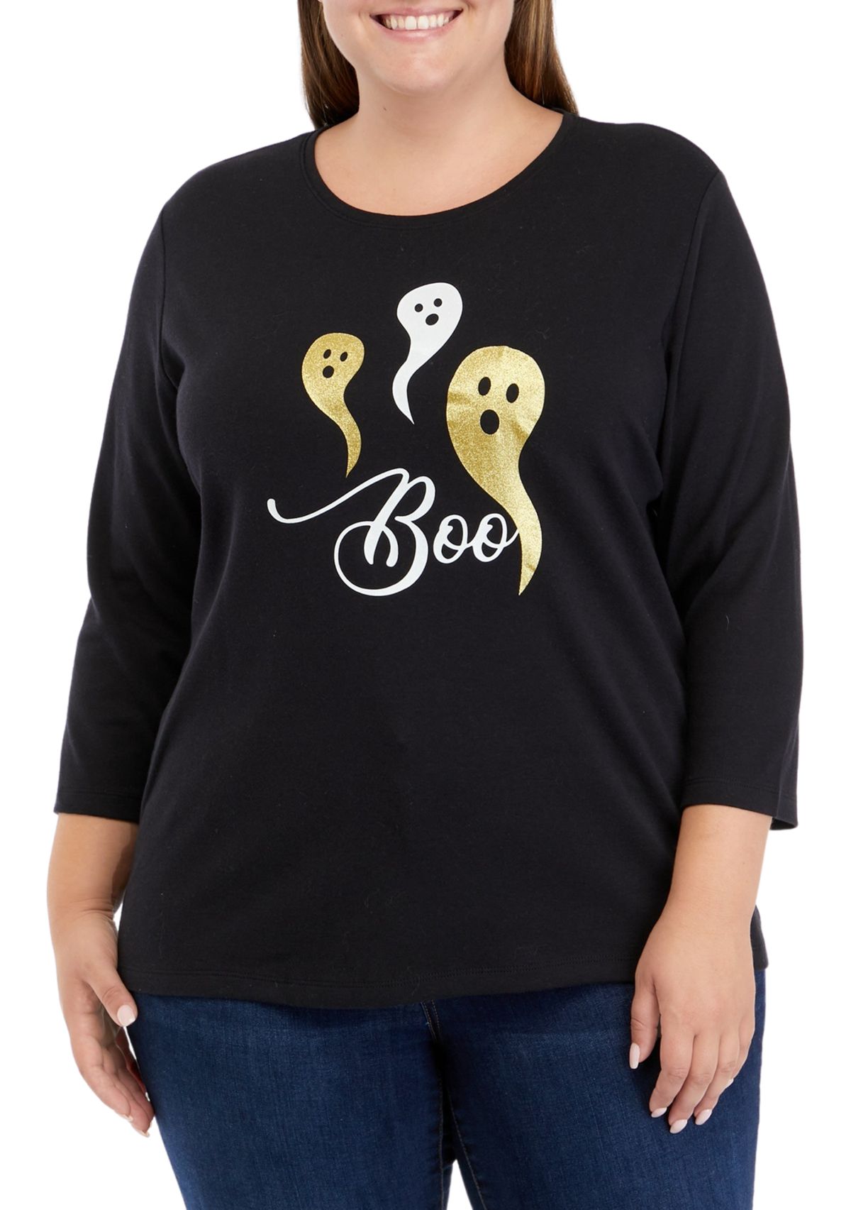 Plus Size 3/4 Sleeve Crew Neck Graphic T-Shirt