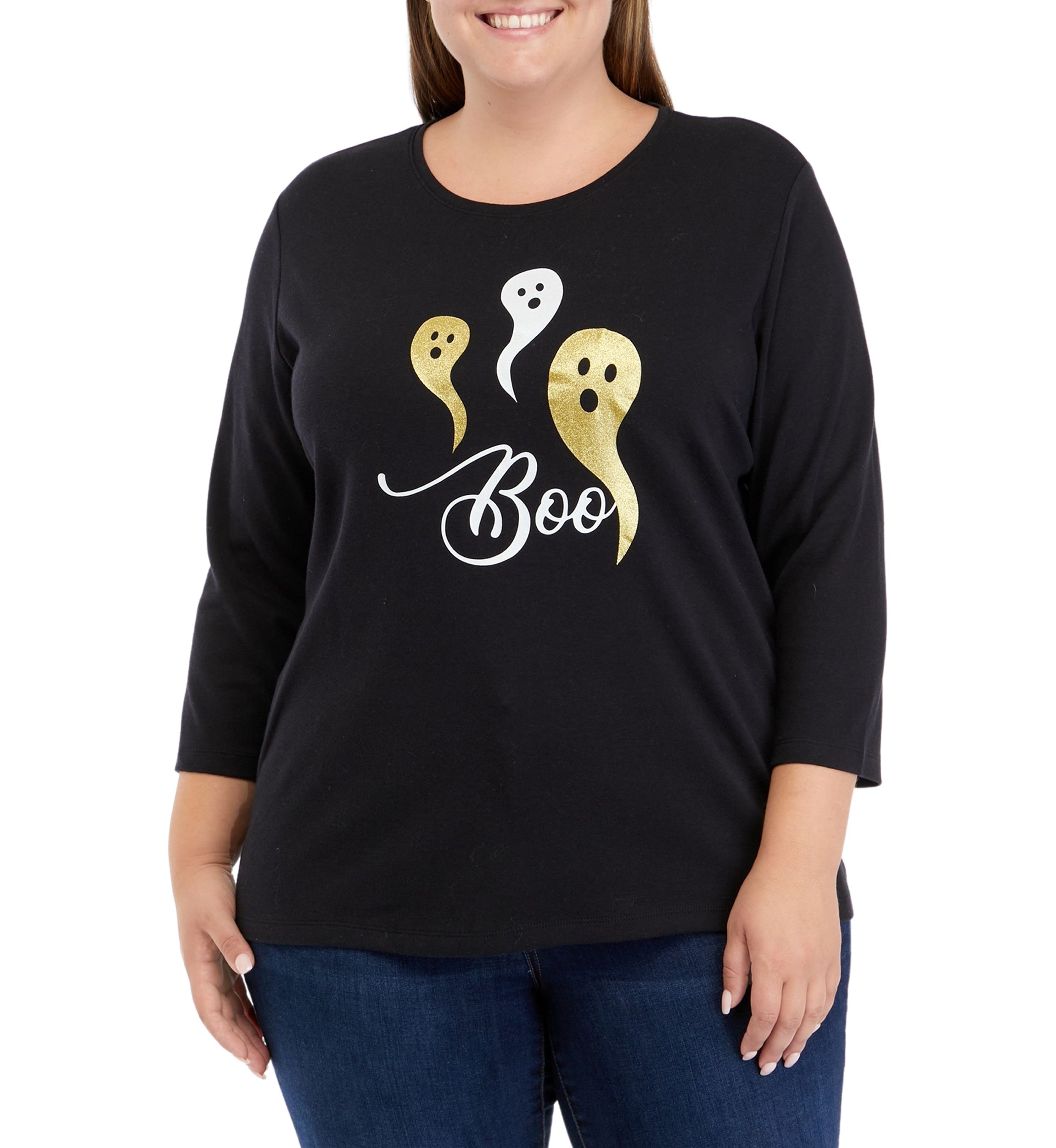 Plus Size 3/4 Sleeve Crew Neck Graphic T-Shirt