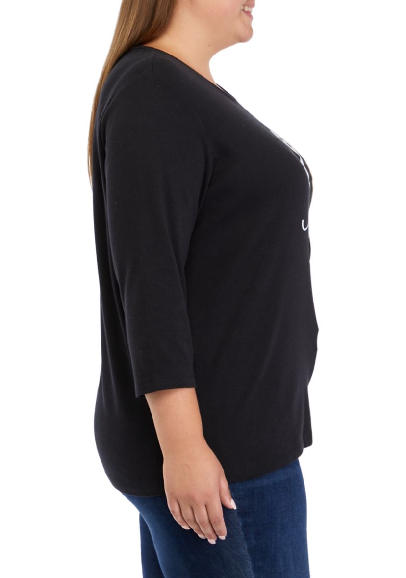 Plus Size 3/4 Sleeve Crew Neck Graphic T-Shirt