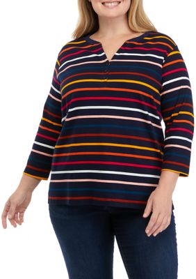 Kim Rogers® Plus Size 3/4 Sleeve Striped Henley Shirt